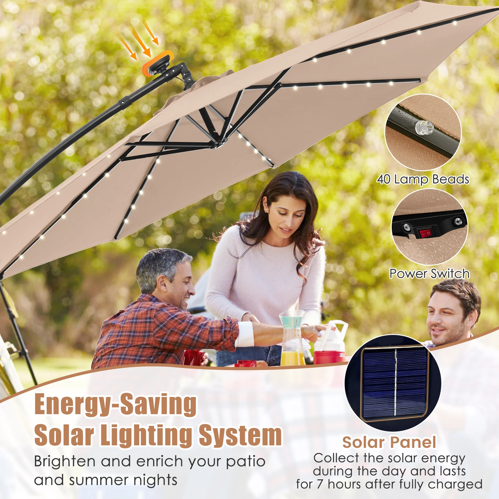 10 Feet Solar Offset Hanging Umbrella, 40 Lamp Beads, Tan - Image 9