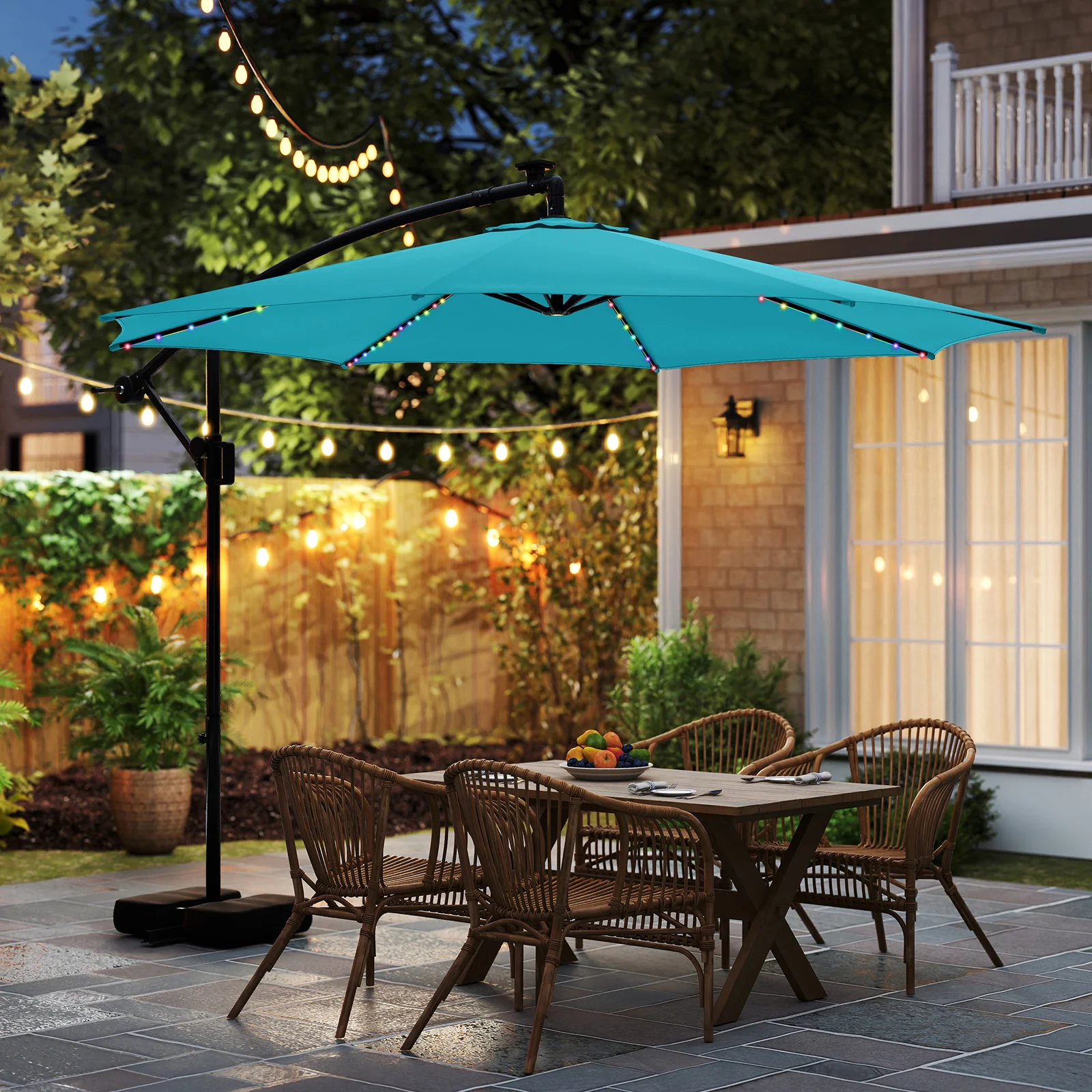 10 Feet Solar Offset Hanging Umbrella, With Base And LED Lights, Turquoise - Image 2