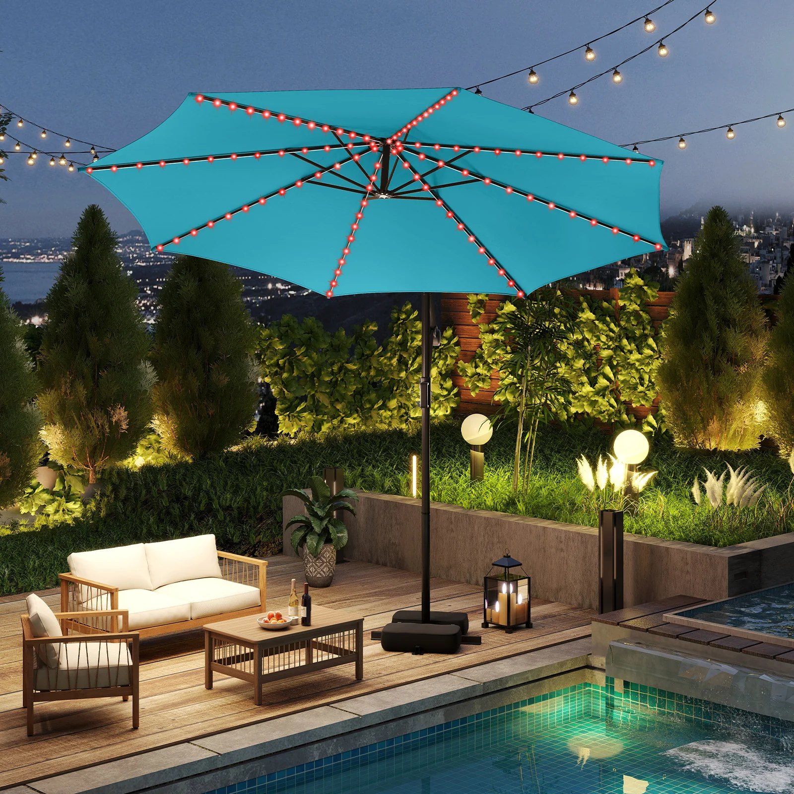 10 Feet Solar Offset Hanging Umbrella, With Base And LED Lights, Turquoise - Image 3