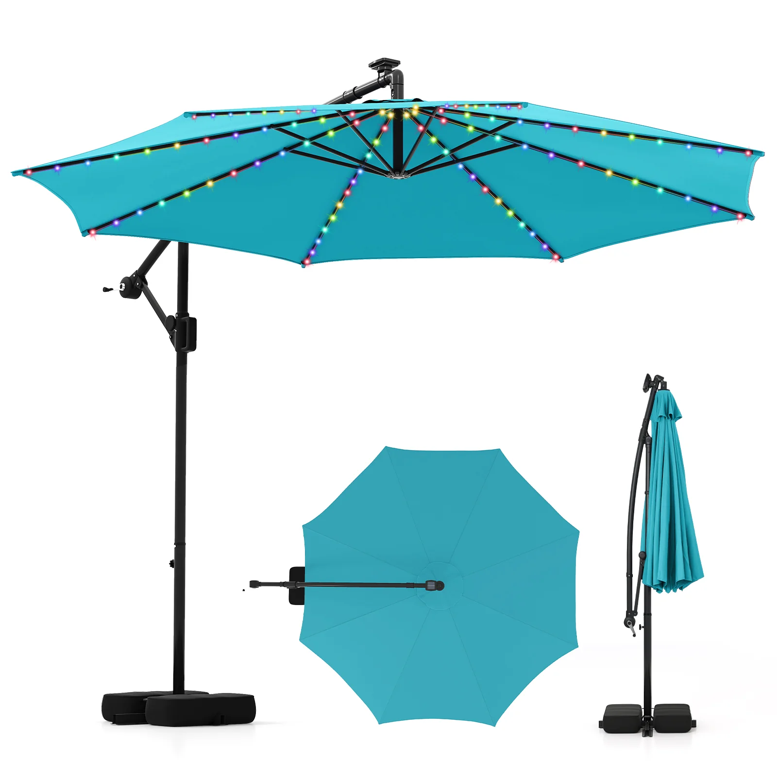 10 Feet Solar Offset Hanging Umbrella, With Base And LED Lights, Turquoise - Image 4