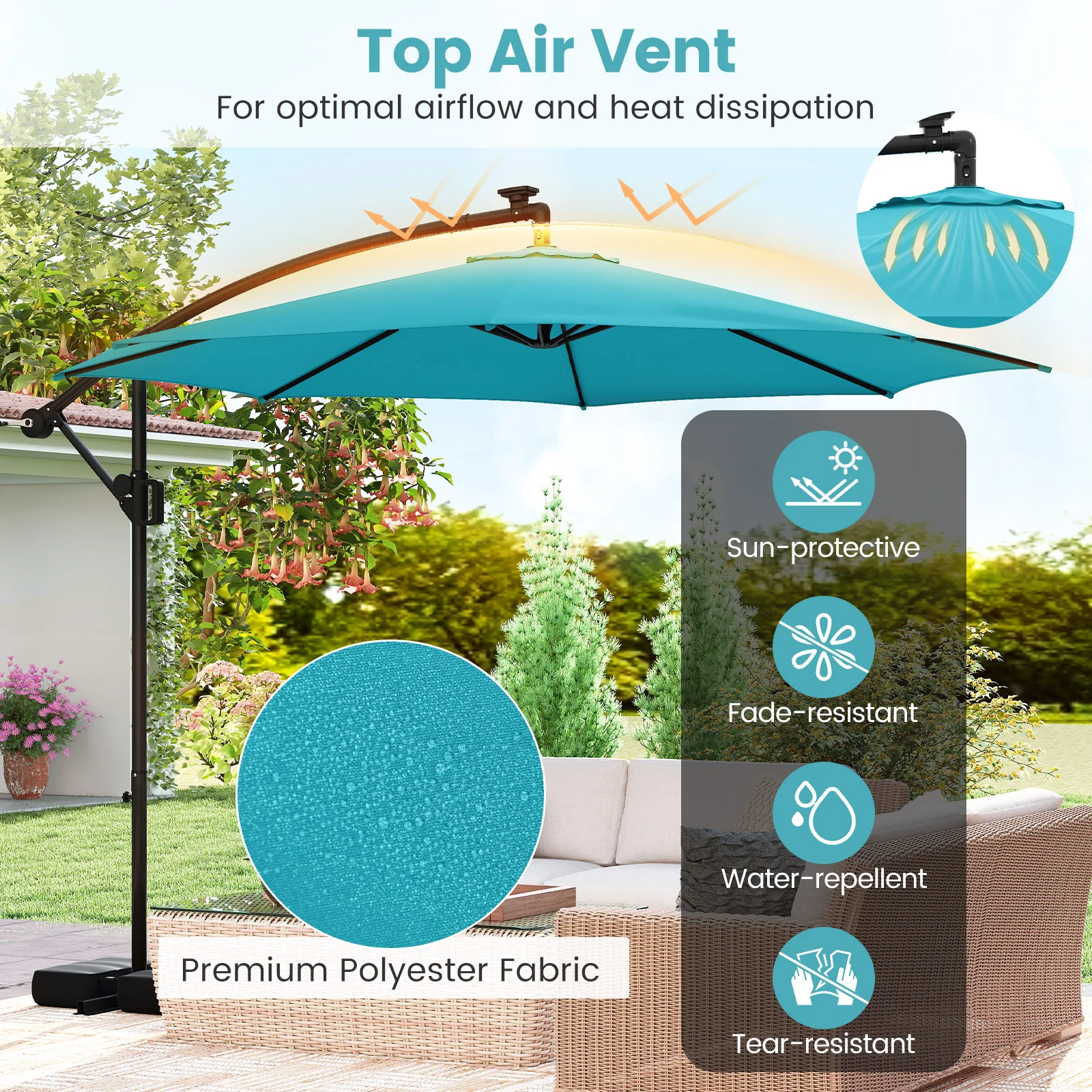 10 Feet Solar Offset Hanging Umbrella, With Base And LED Lights, Turquoise - Image 6