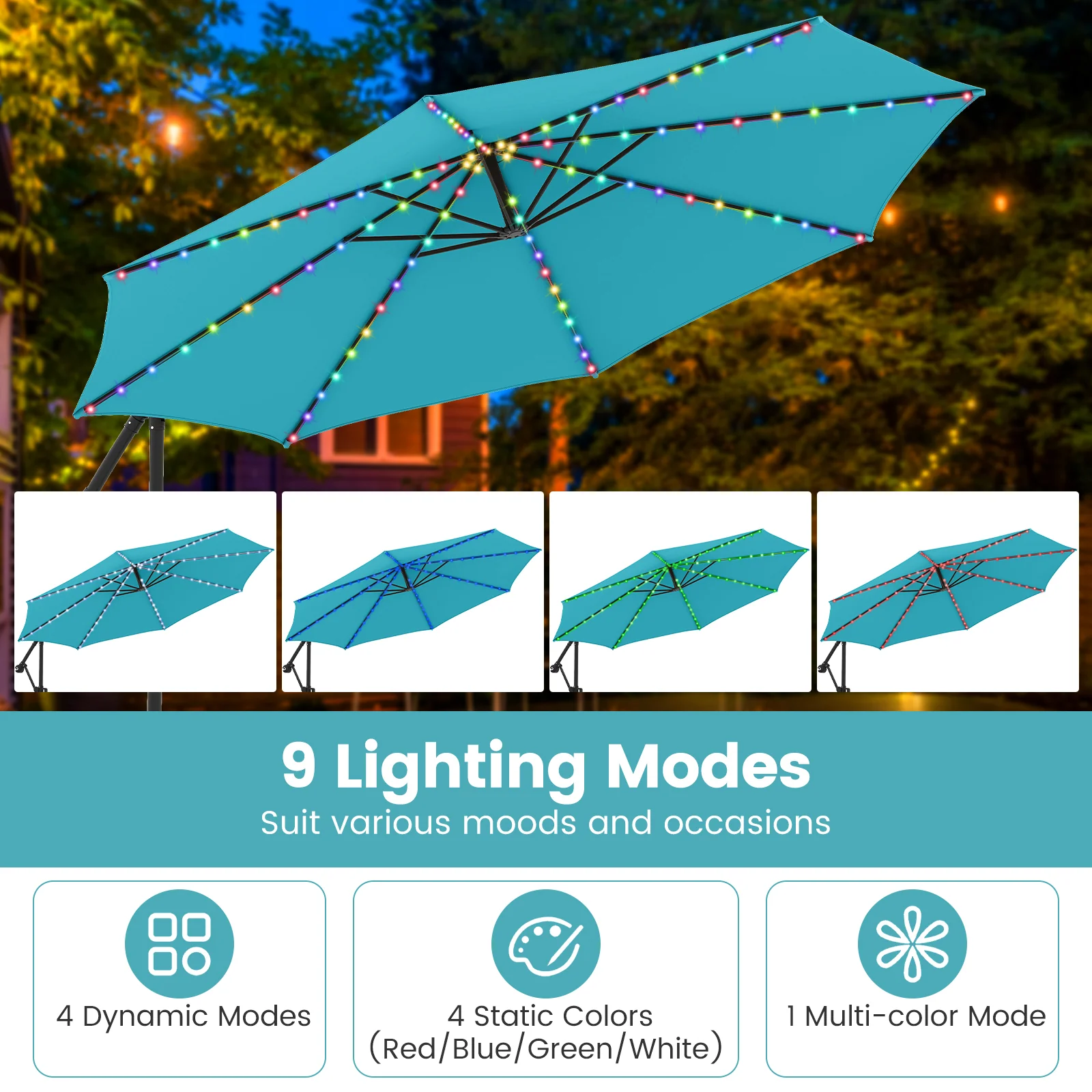 10 Feet Solar Offset Hanging Umbrella, With Base And LED Lights, Turquoise - Image 8