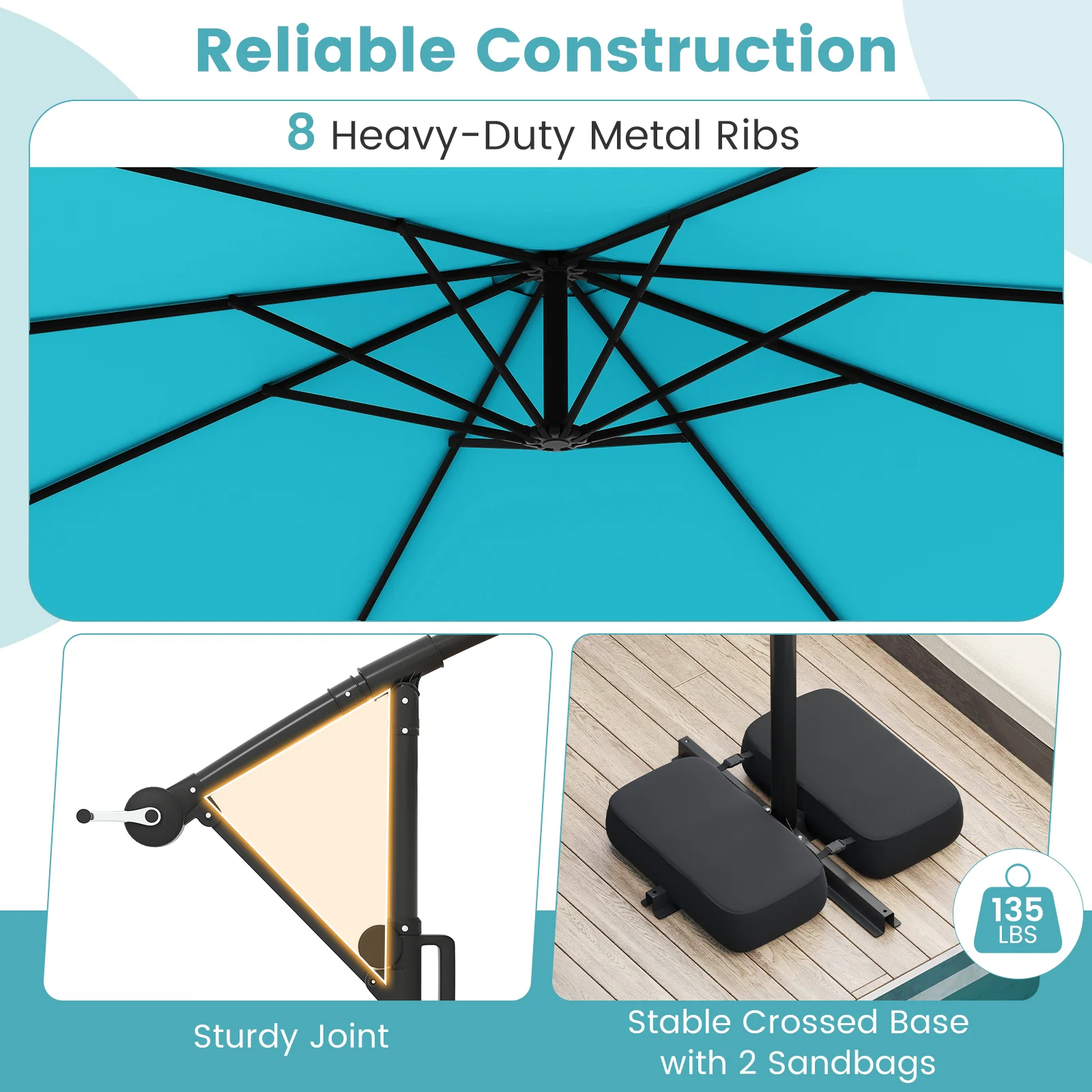 10 Feet Solar Offset Hanging Umbrella, With Base And LED Lights, Turquoise - Image 9