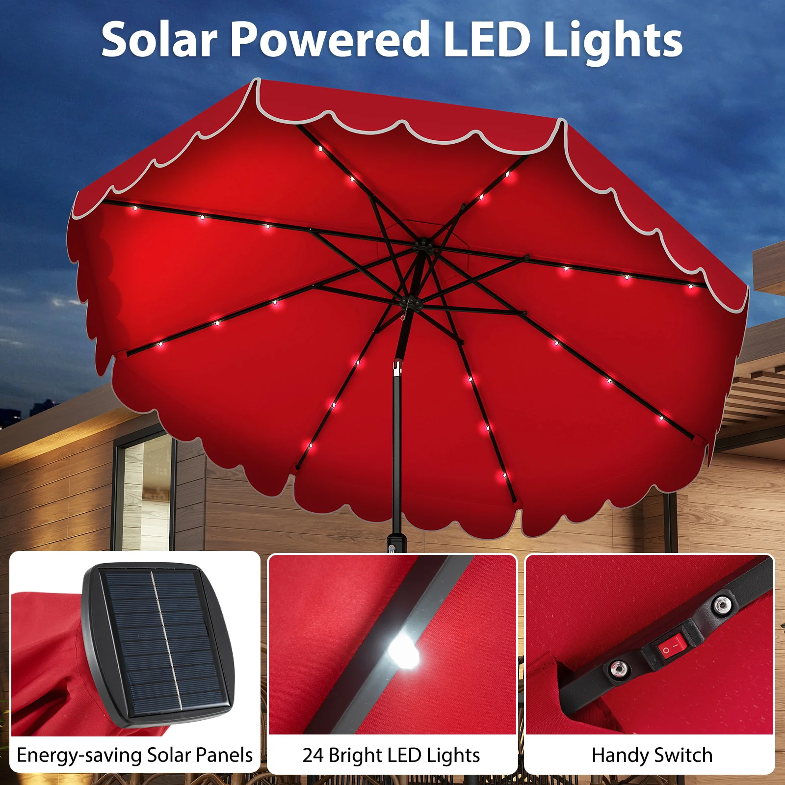 10 Feet Solar Patio Umbrella, 24 LED Lights, Red - Image 10