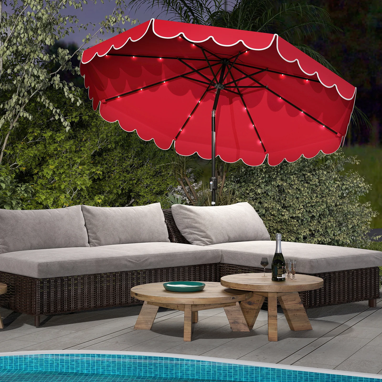 10 Feet Solar Patio Umbrella, 24 LED Lights, Red - Image 3