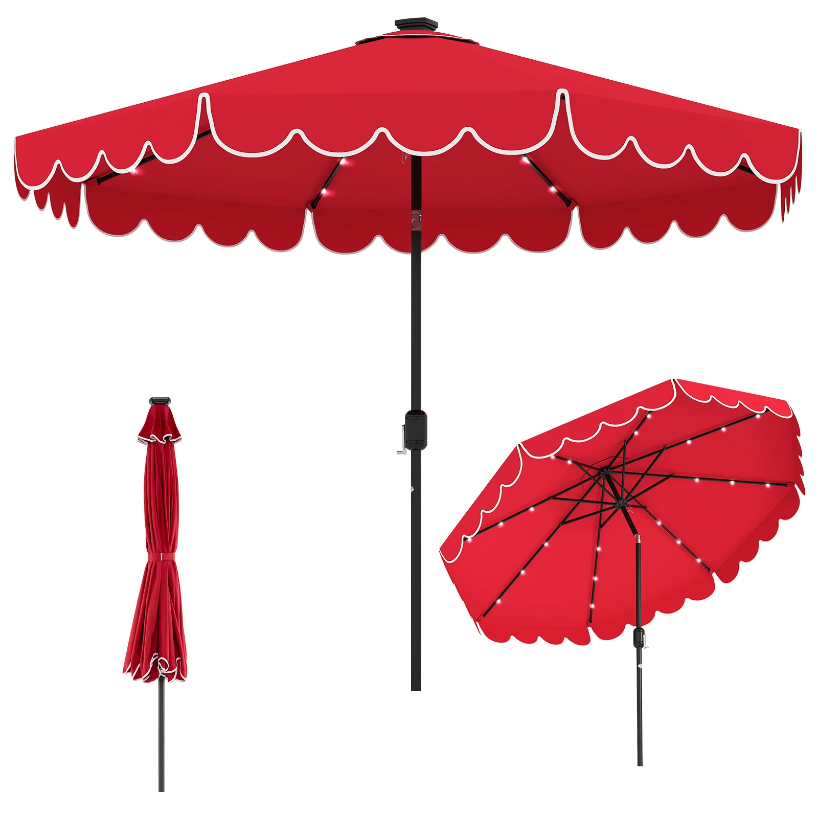 10 Feet Solar Patio Umbrella, 24 LED Lights, Red - Image 4