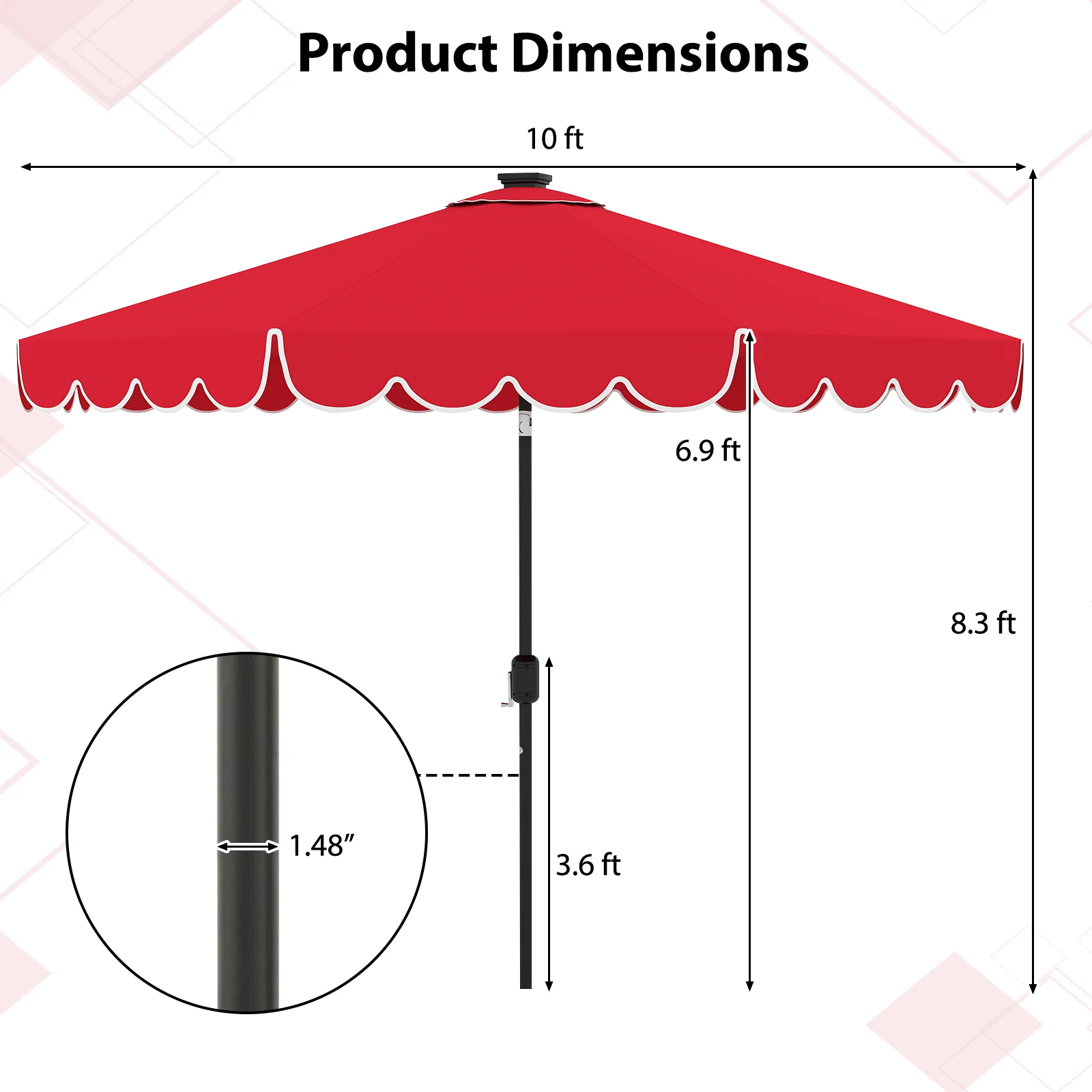 10 Feet Solar Patio Umbrella, 24 LED Lights, Red - Image 6