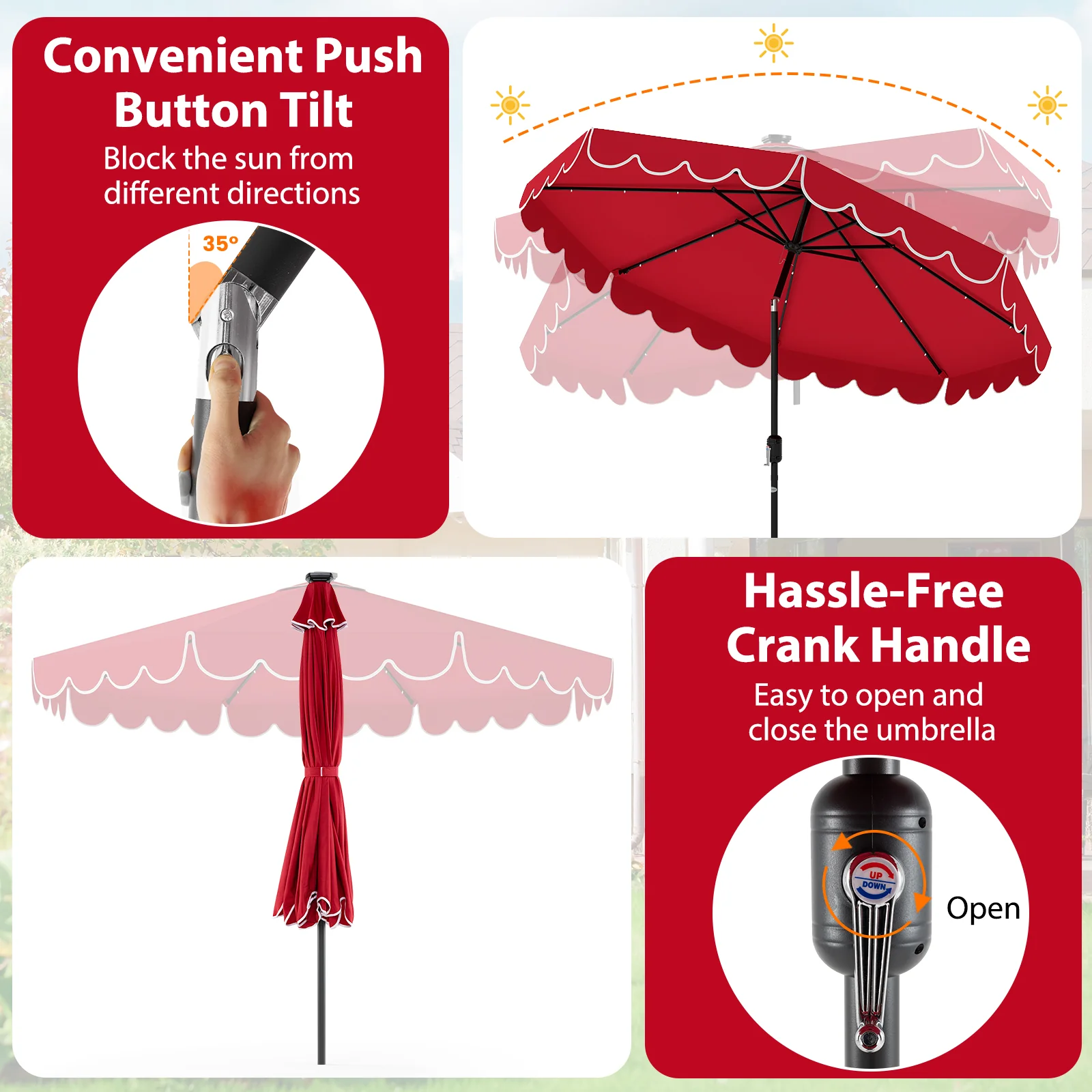 10 Feet Solar Patio Umbrella, 24 LED Lights, Red - Image 7
