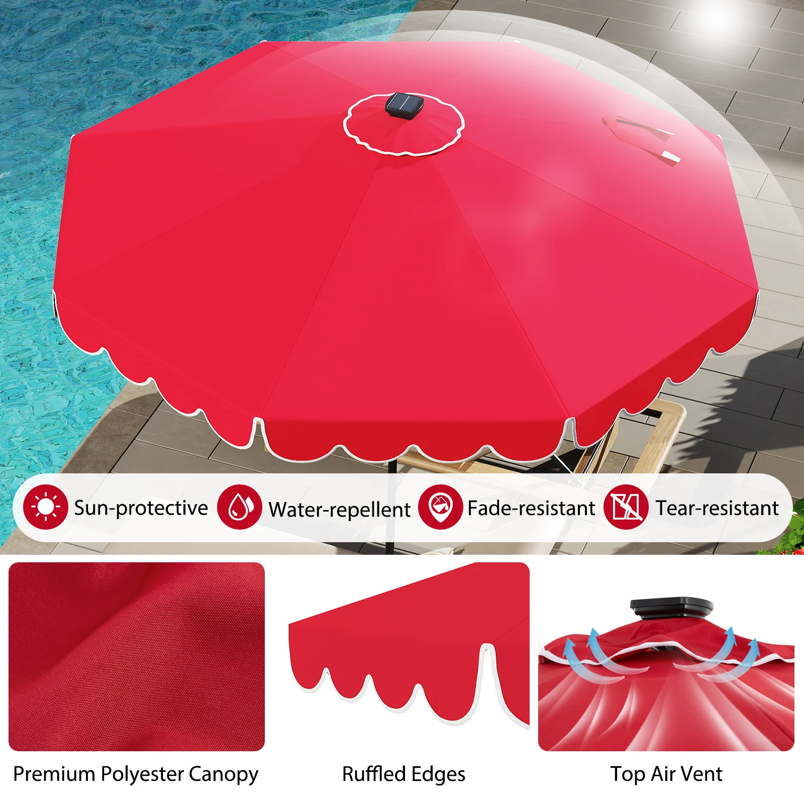 10 Feet Solar Patio Umbrella, 24 LED Lights, Red - Image 9