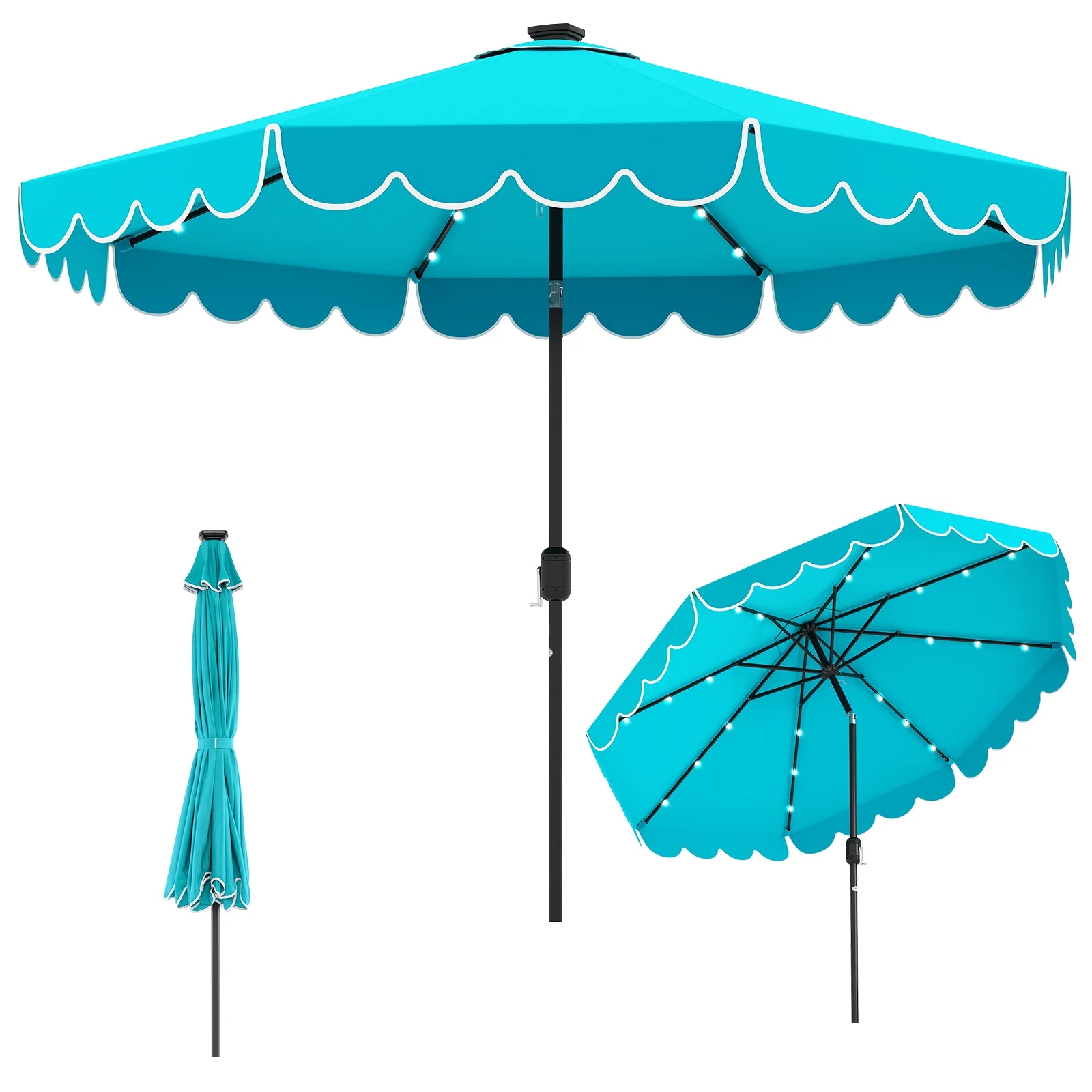 10 Feet Solar Patio Umbrella, 24 LED Lights, Turquoise