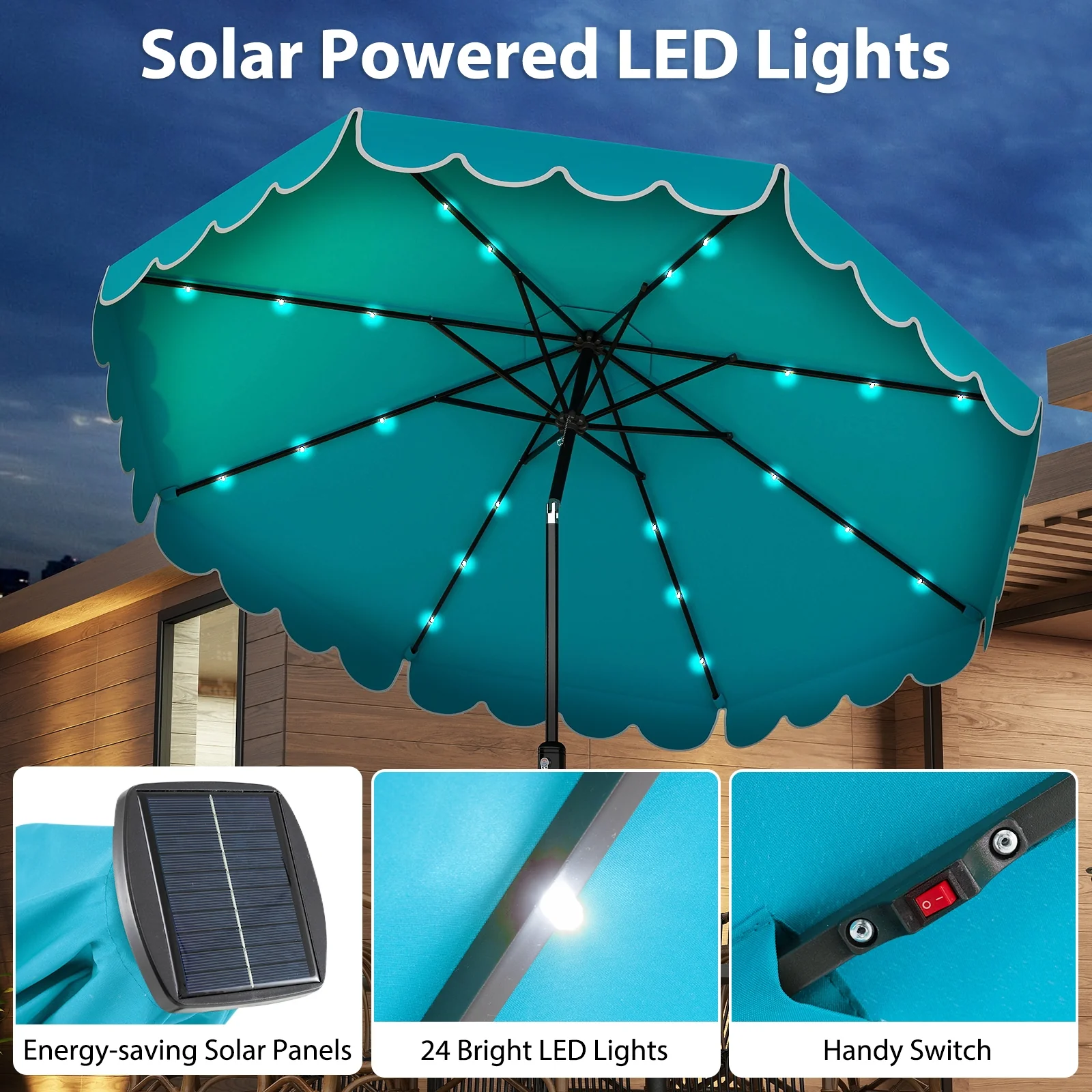 10 Feet Solar Patio Umbrella, 24 LED Lights, Turquoise - Image 10