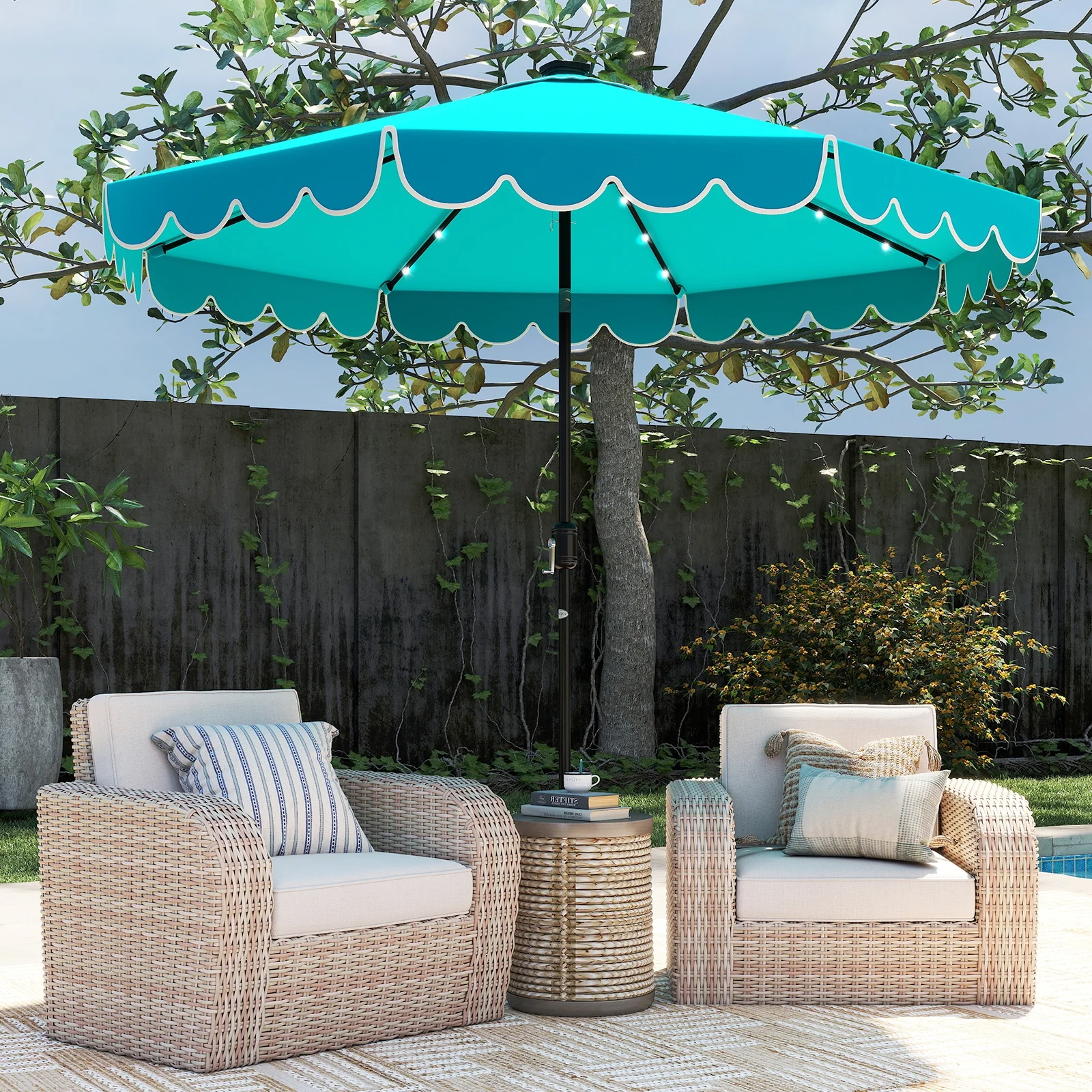 10 Feet Solar Patio Umbrella, 24 LED Lights, Turquoise - Image 2