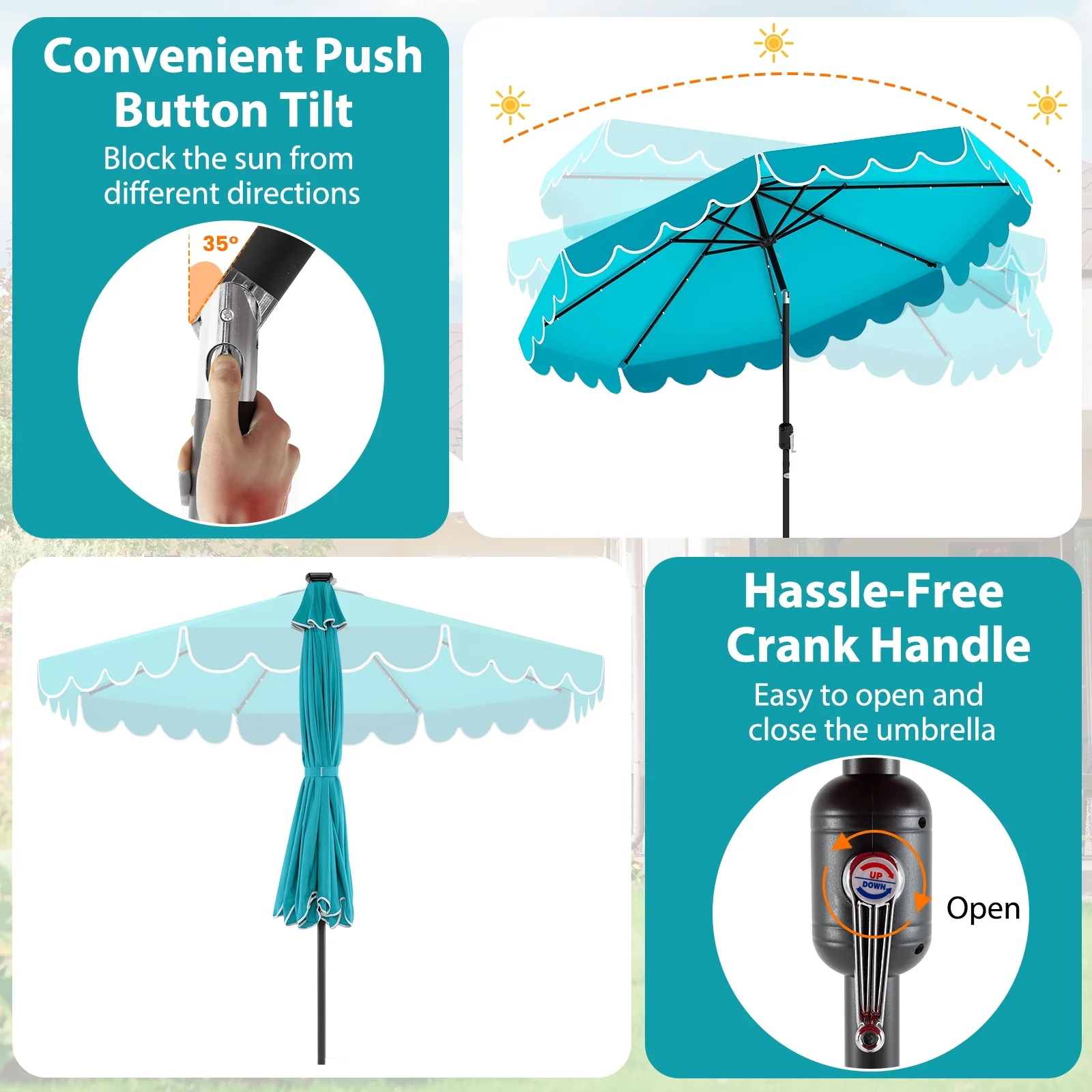 10 Feet Solar Patio Umbrella, 24 LED Lights, Turquoise - Image 7
