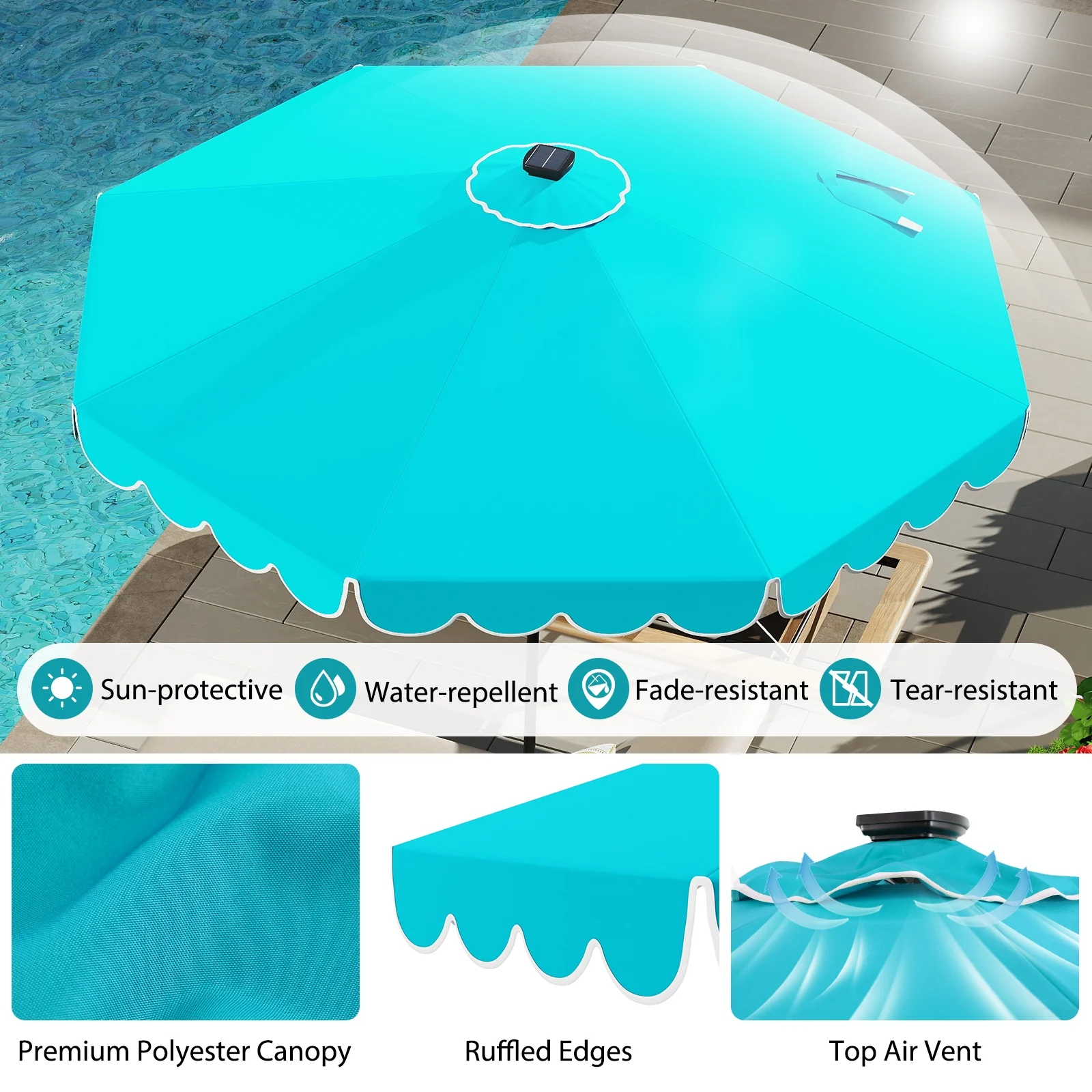 10 Feet Solar Patio Umbrella, 24 LED Lights, Turquoise - Image 9