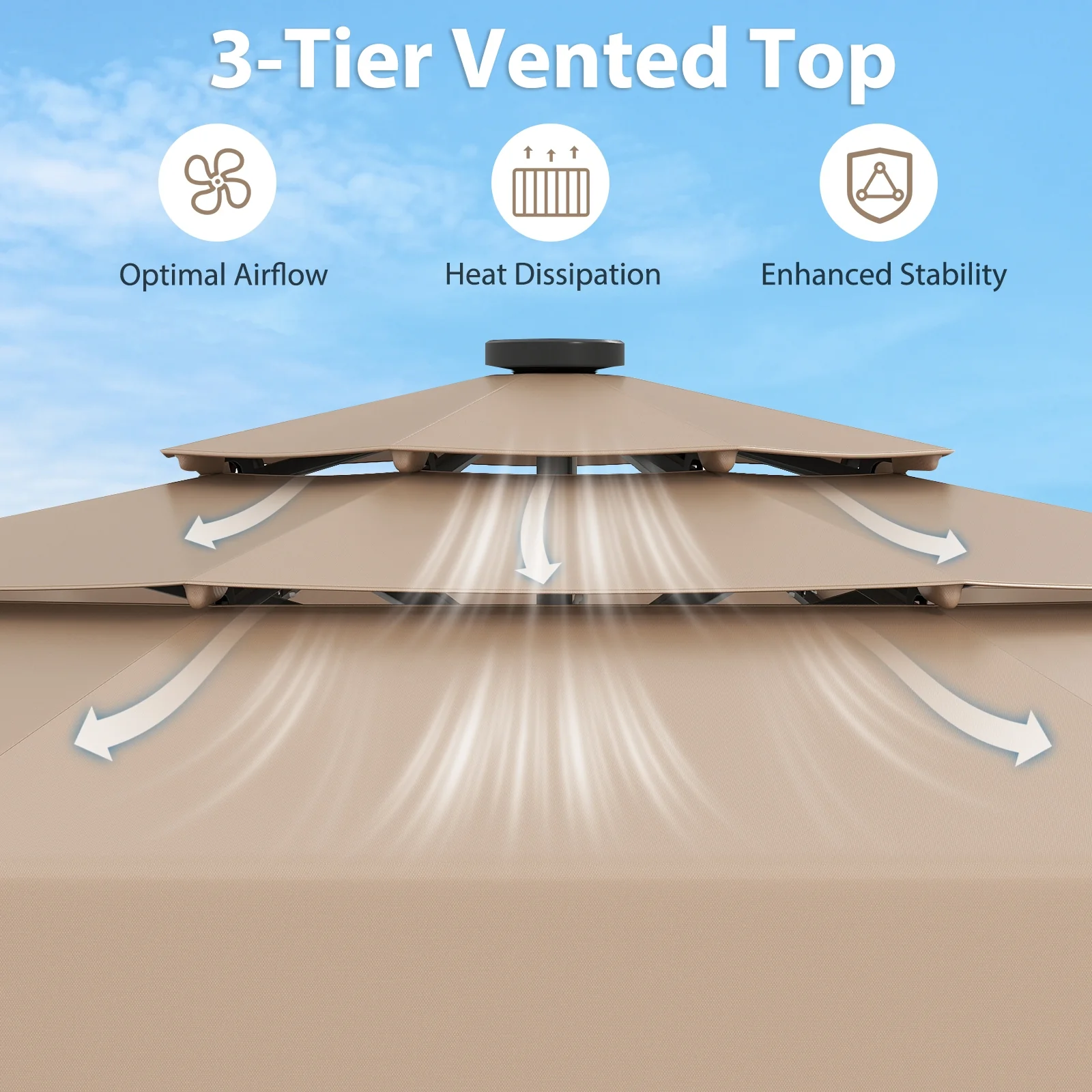 10 Feet Solar Patio Umbrella, 3-Tier Vented Top, Taupe - Image 10