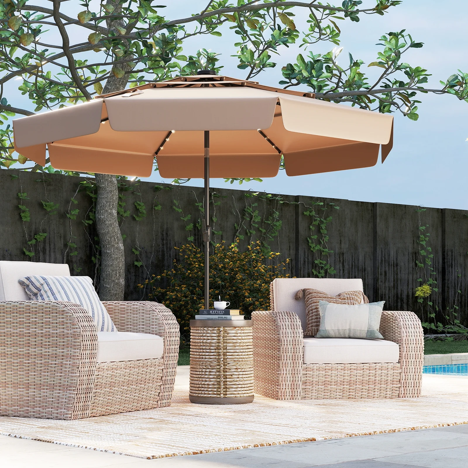 10 Feet Solar Patio Umbrella, 3-Tier Vented Top, Taupe - Image 2