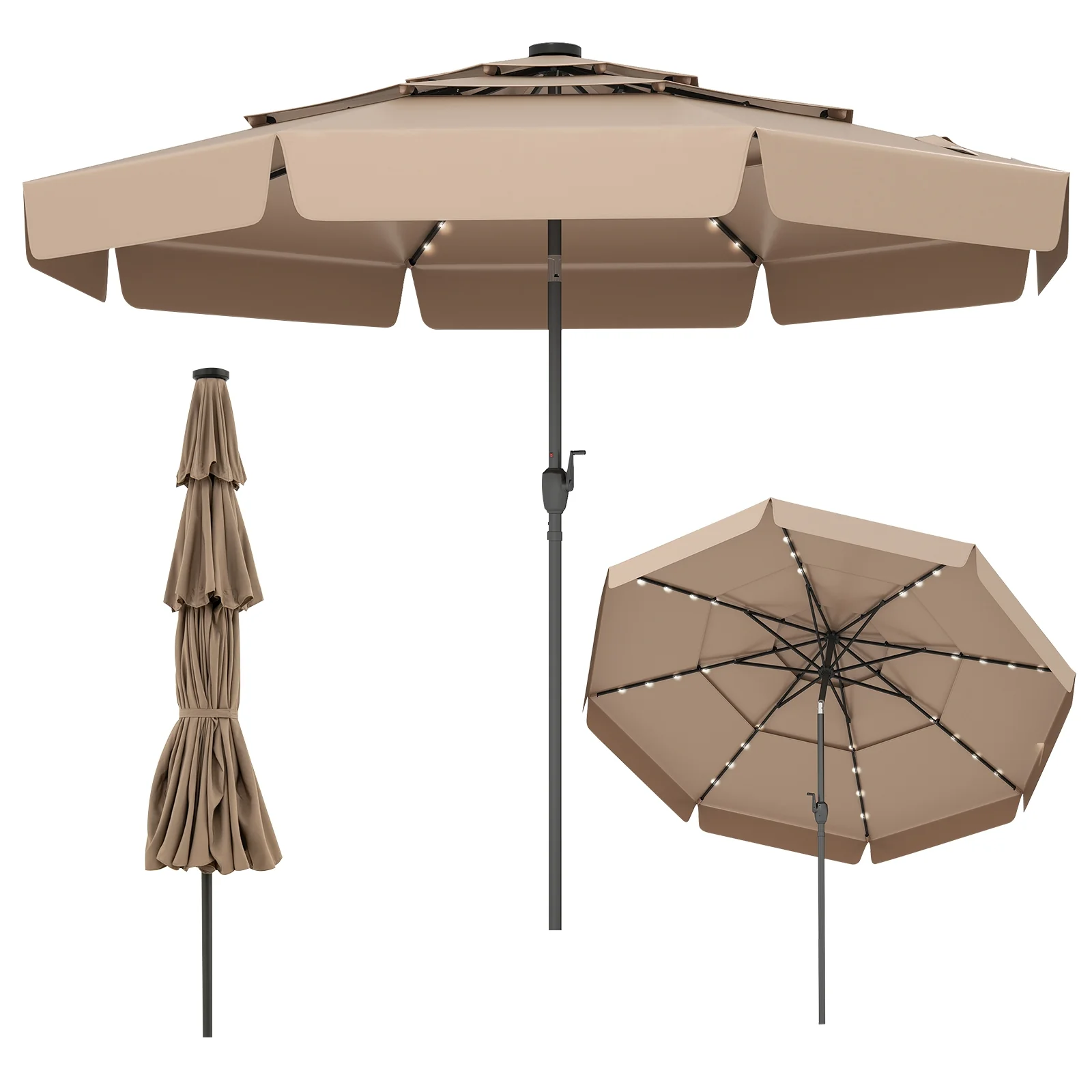 10 Feet Solar Patio Umbrella, 3-Tier Vented Top, Taupe - Image 4