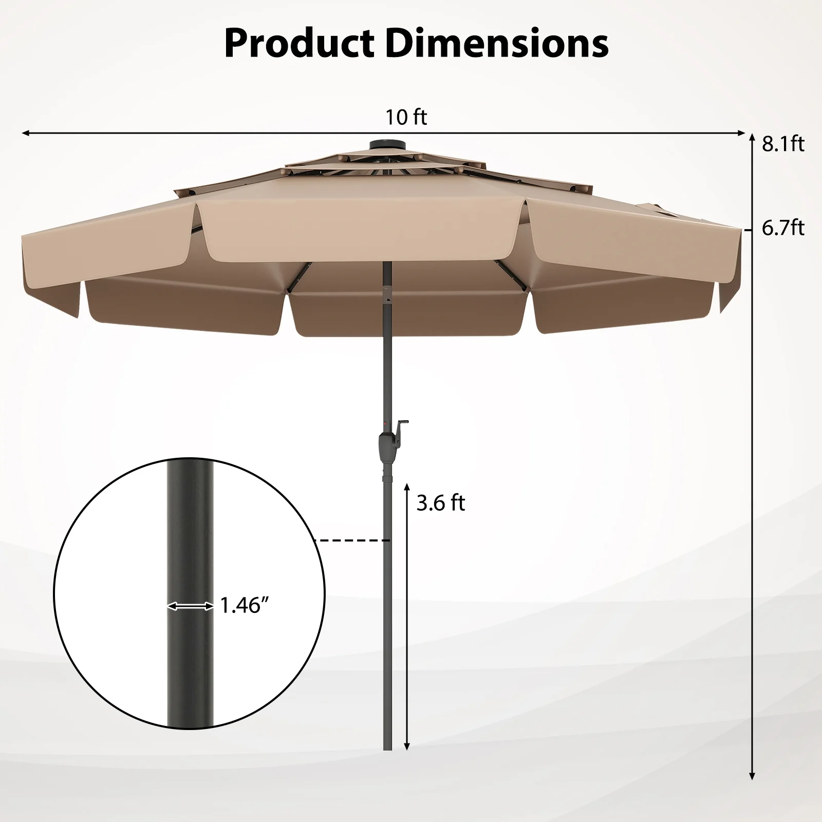 10 Feet Solar Patio Umbrella, 3-Tier Vented Top, Taupe - Image 5