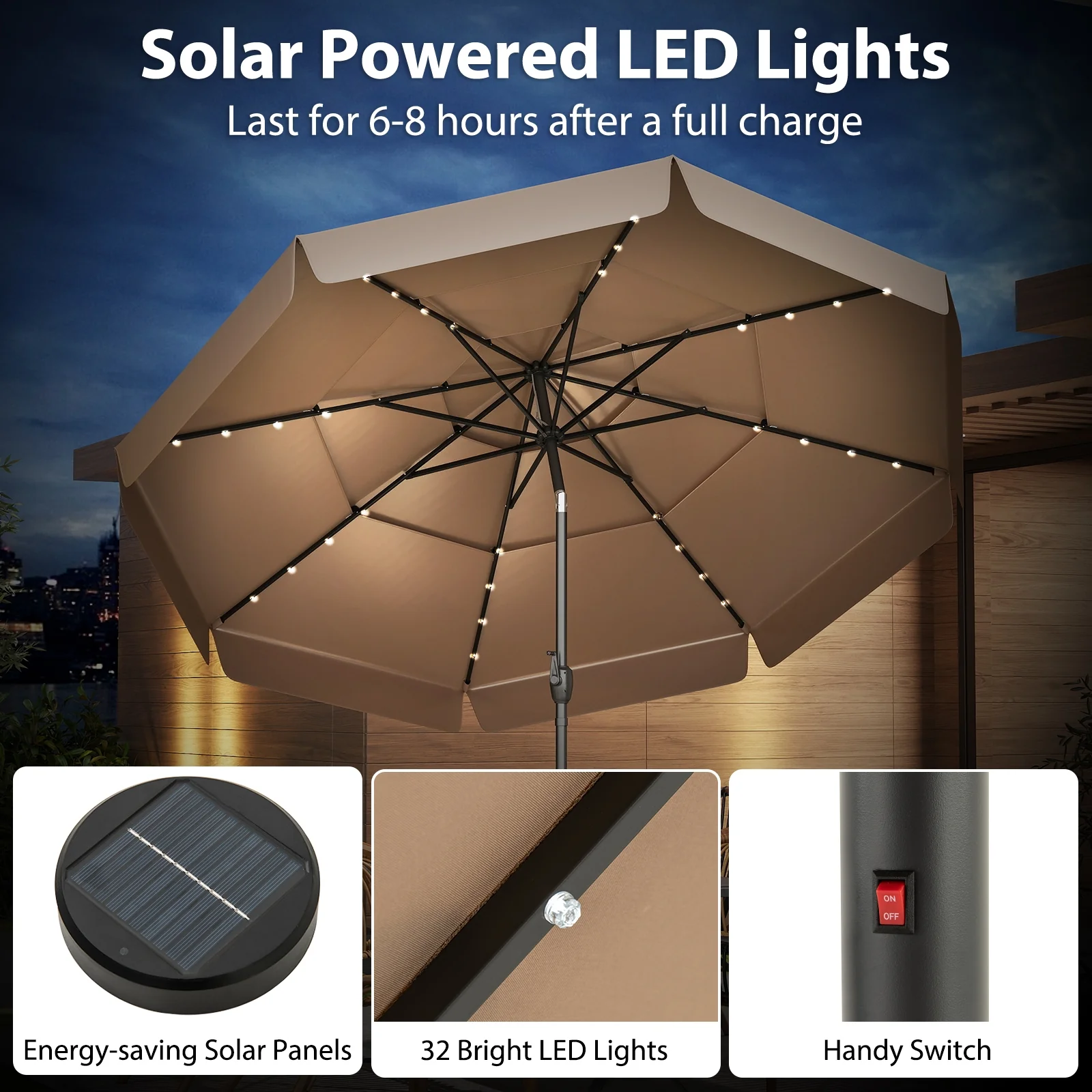 10 Feet Solar Patio Umbrella, 3-Tier Vented Top, Taupe - Image 7