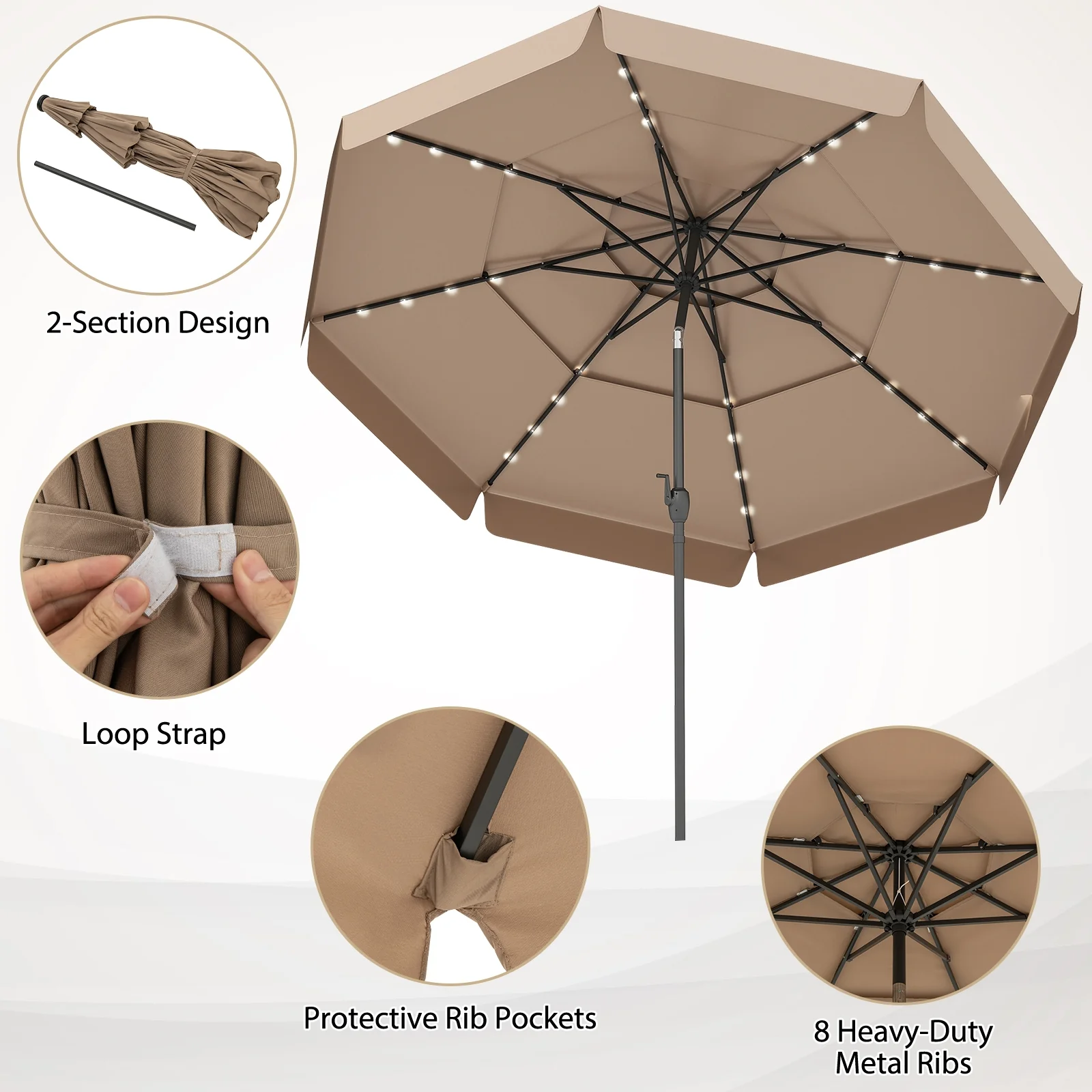 10 Feet Solar Patio Umbrella, 3-Tier Vented Top, Taupe - Image 8