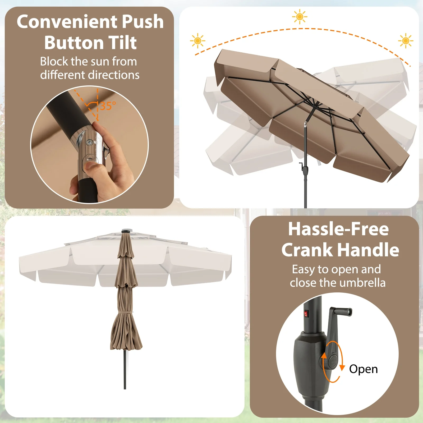 10 Feet Solar Patio Umbrella, 3-Tier Vented Top, Taupe - Image 9
