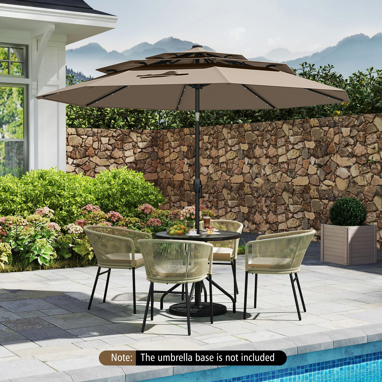 10 Feet Solar Patio Umbrella, 32 LED Lights, 3-Tier Vented Top, Taupe - Image 2