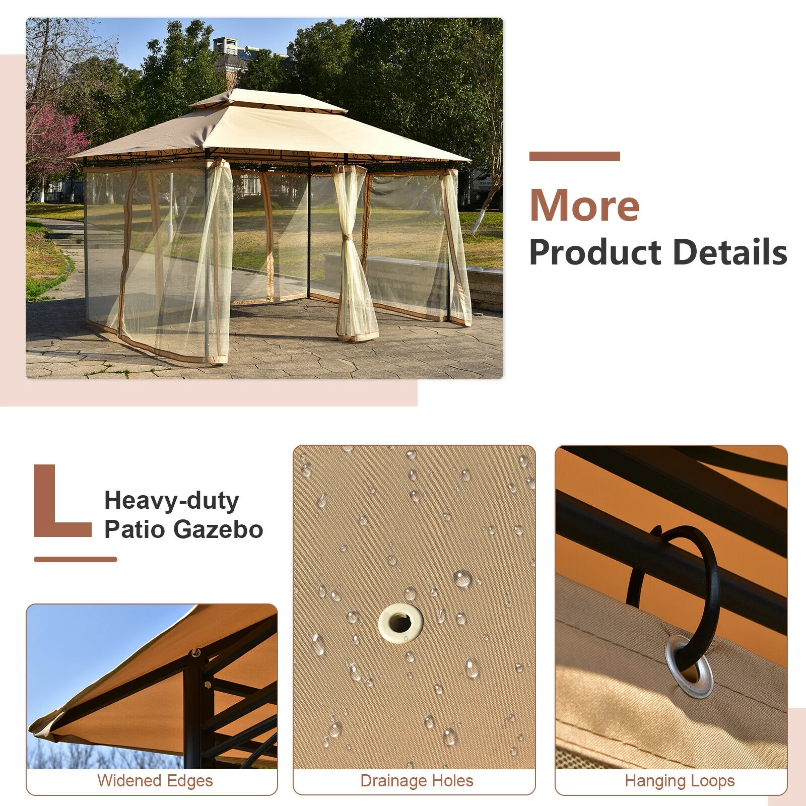 10 Feet x 13 Feet Tent Canopy, Removable Netting Sidewall, Tan - Image 10