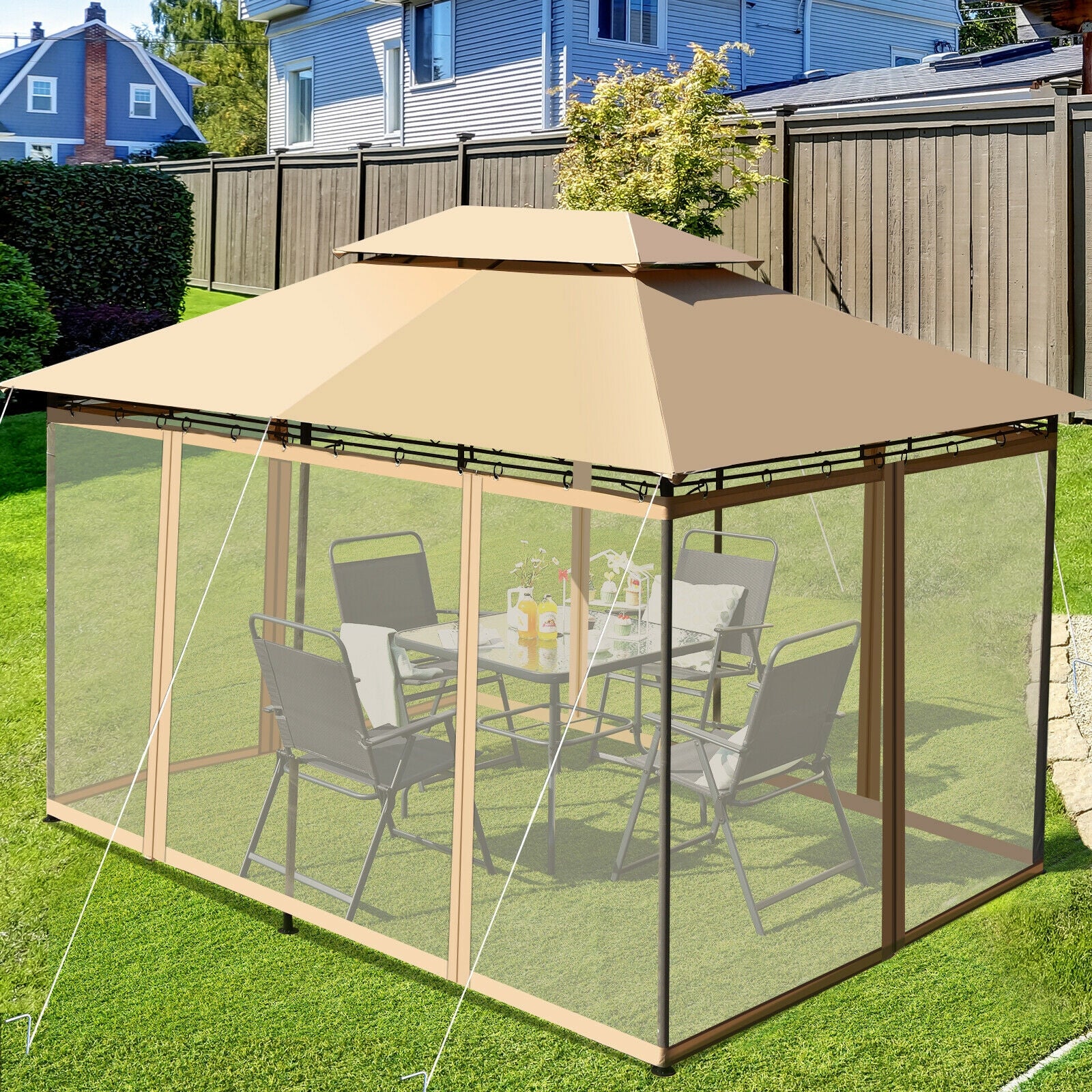 10 Feet x 13 Feet Tent Canopy, Removable Netting Sidewall, Tan - Image 2