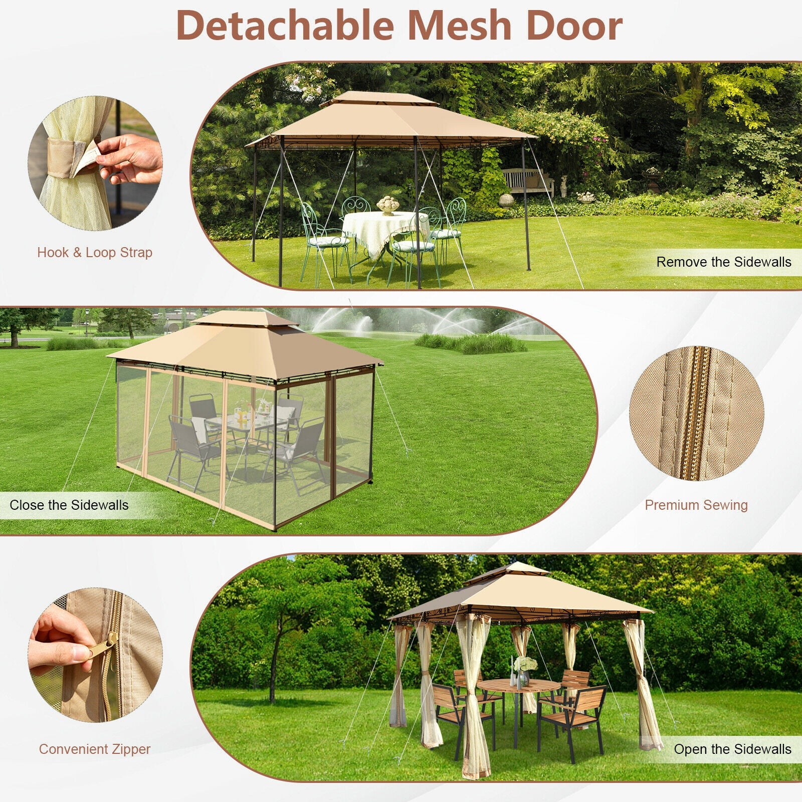10 Feet x 13 Feet Tent Canopy, Removable Netting Sidewall, Tan - Image 3