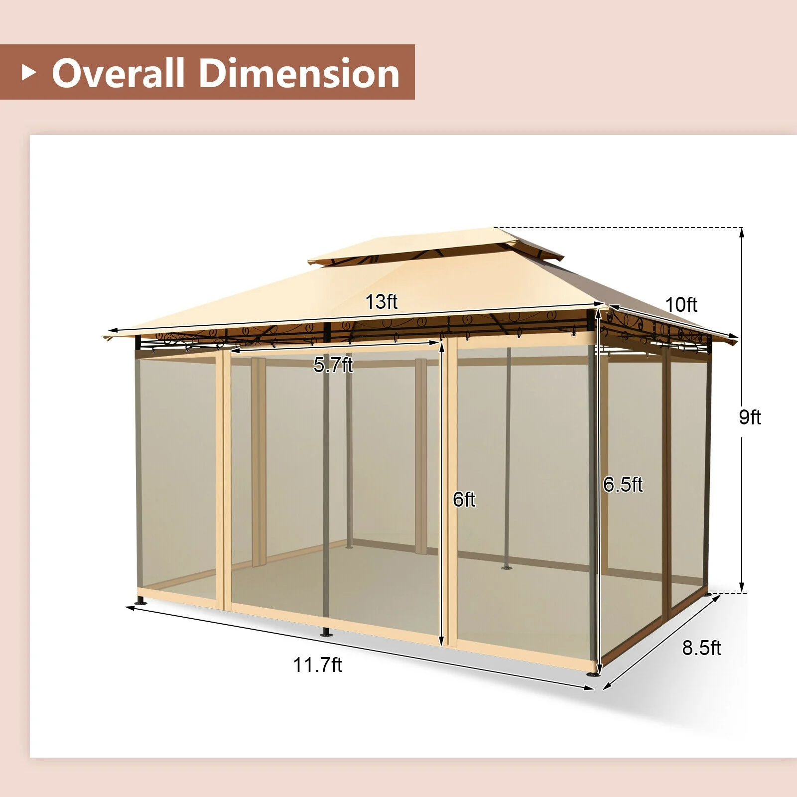 10 Feet x 13 Feet Tent Canopy, Removable Netting Sidewall, Tan - Image 5