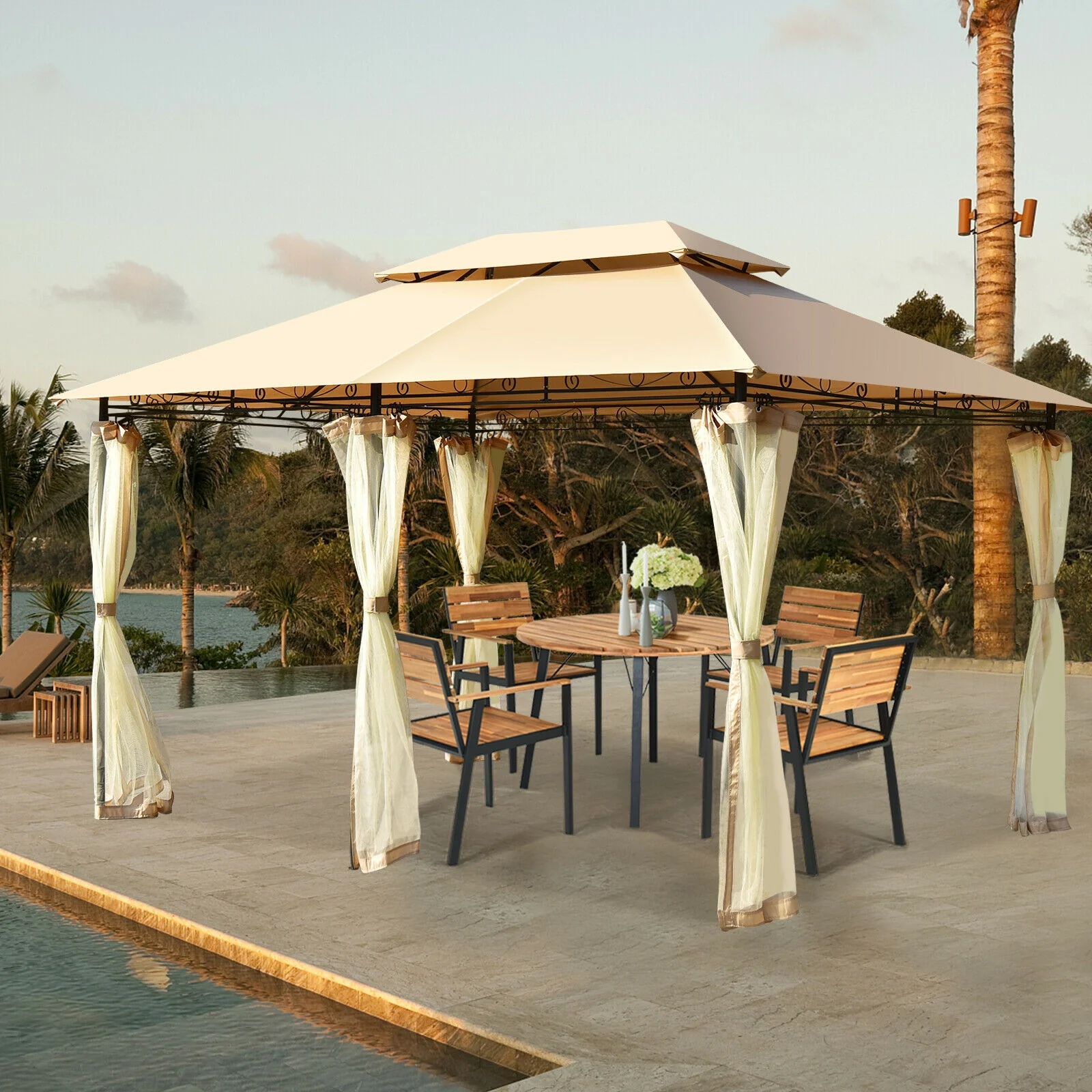 10 Feet x 13 Feet Tent Canopy, Removable Netting Sidewall, Tan - Image 7