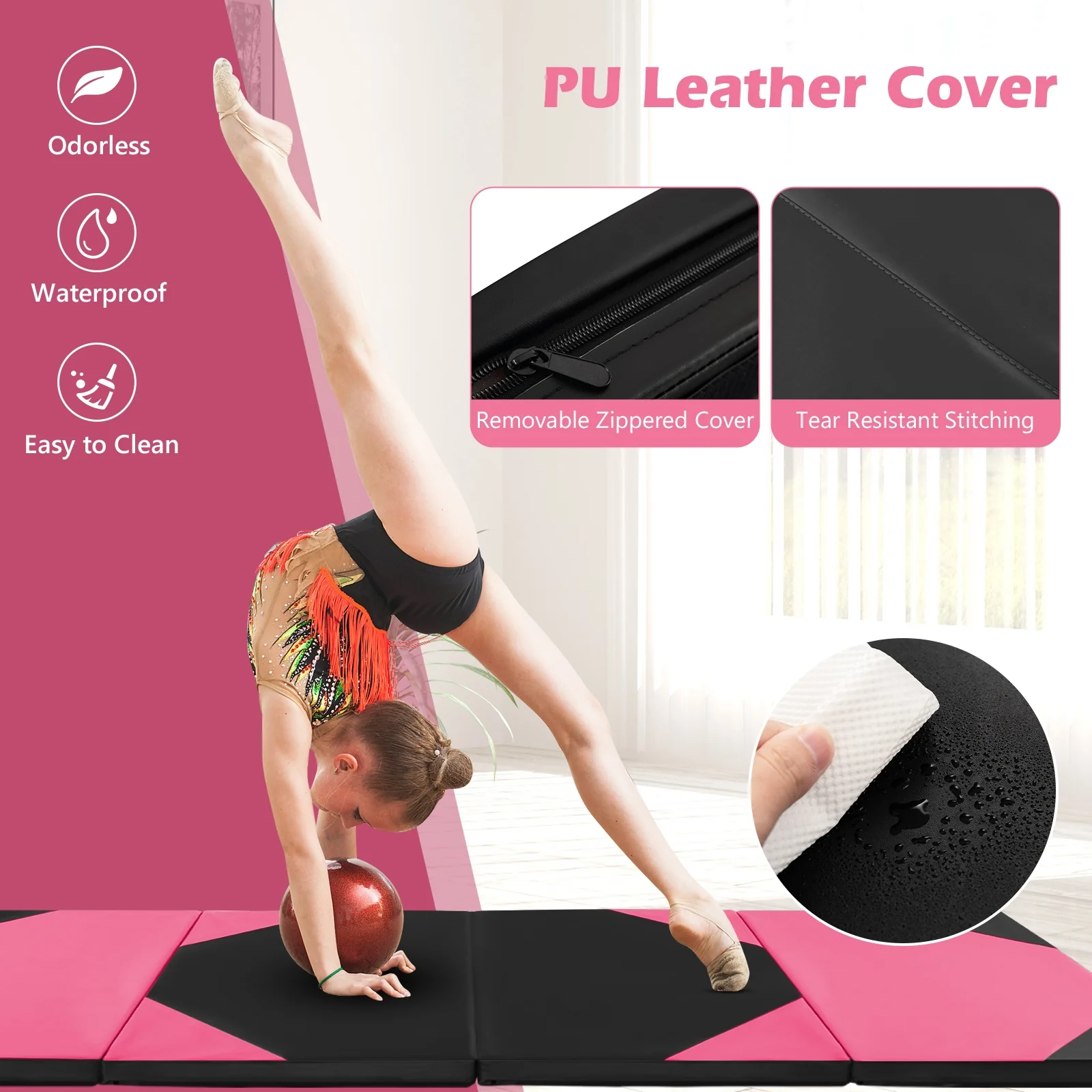 10 Feet x 4 Feet x 2 Inch Folding Exercise Mat, Black and Pink - Image 10