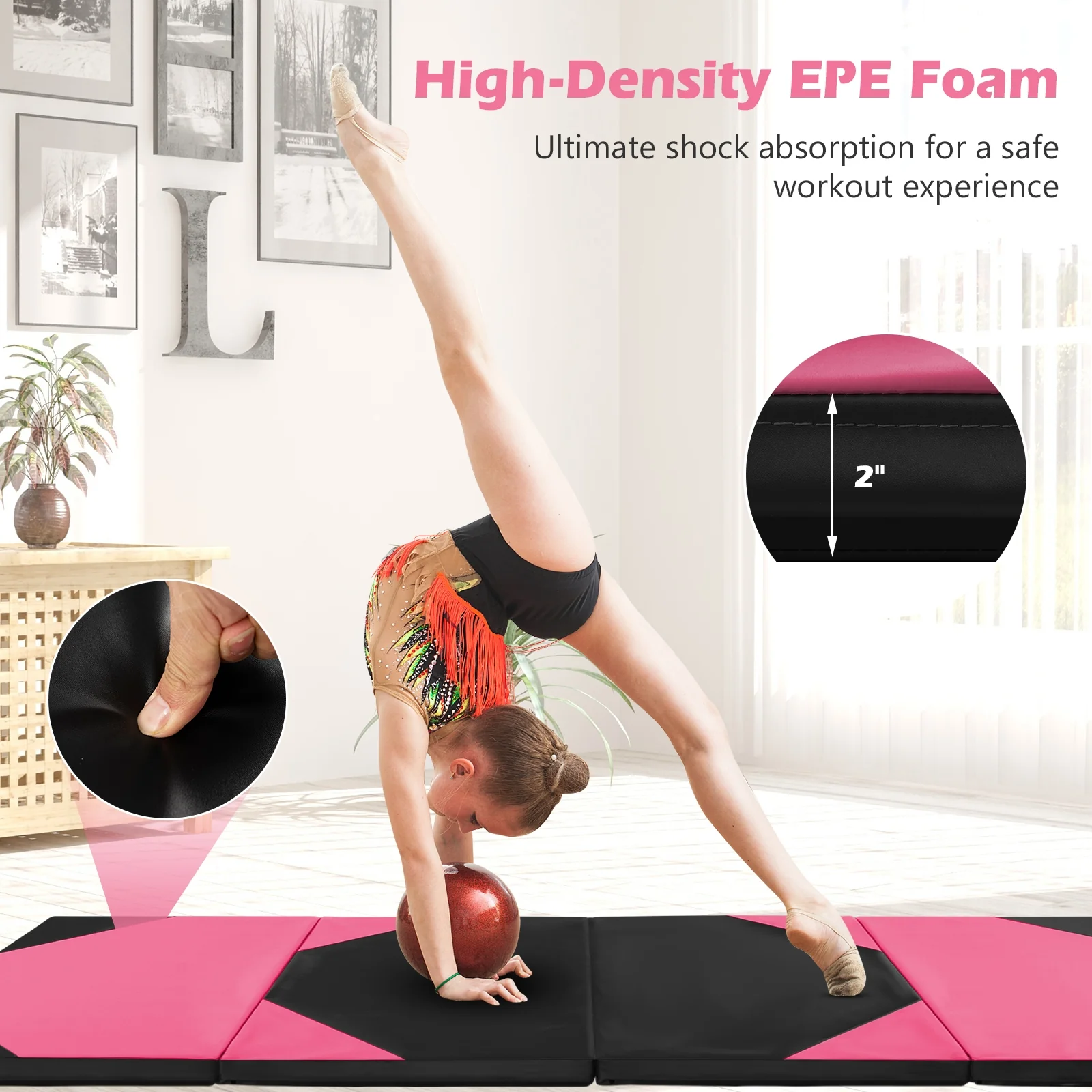 10 Feet x 4 Feet x 2 Inch Folding Exercise Mat, Black and Pink - Image 7