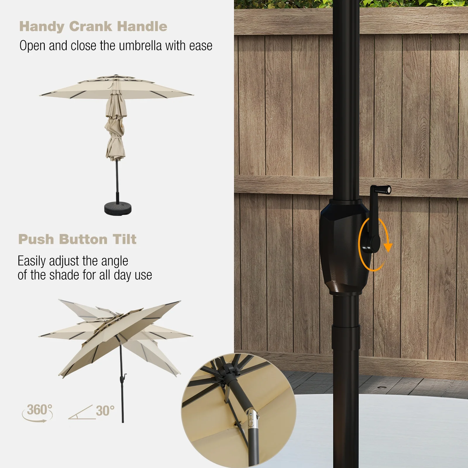 10 ft 3-Tier Vented Patio Umbrella, Push Button Tilt, Beige - Image 10