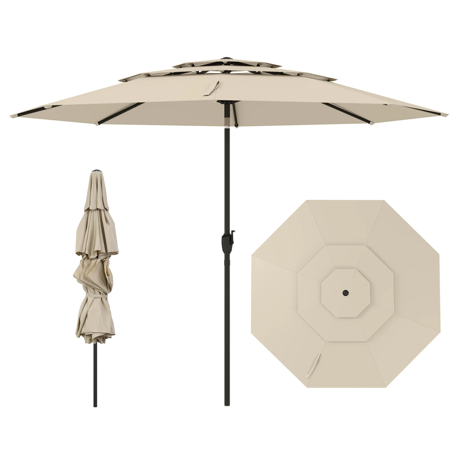 10 ft 3-Tier Vented Patio Umbrella, Push Button Tilt, Beige - Image 4