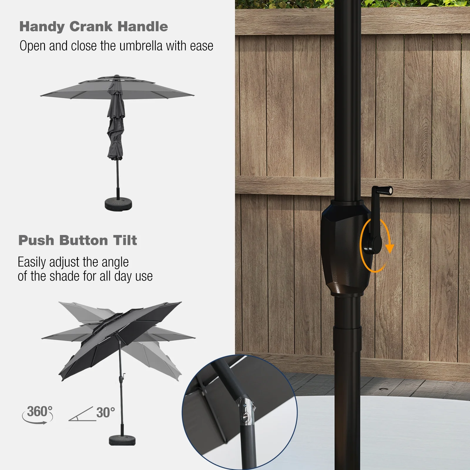10 ft 3-Tier Vented Patio Umbrella, Push Button Tilt, Gray - Image 10