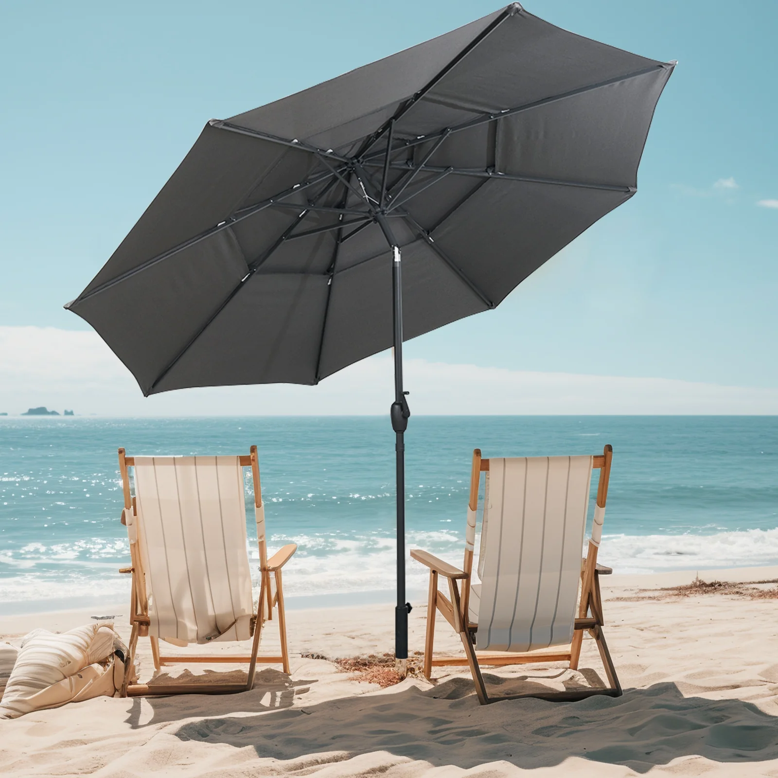 10 ft 3-Tier Vented Patio Umbrella, Push Button Tilt, Gray - Image 2