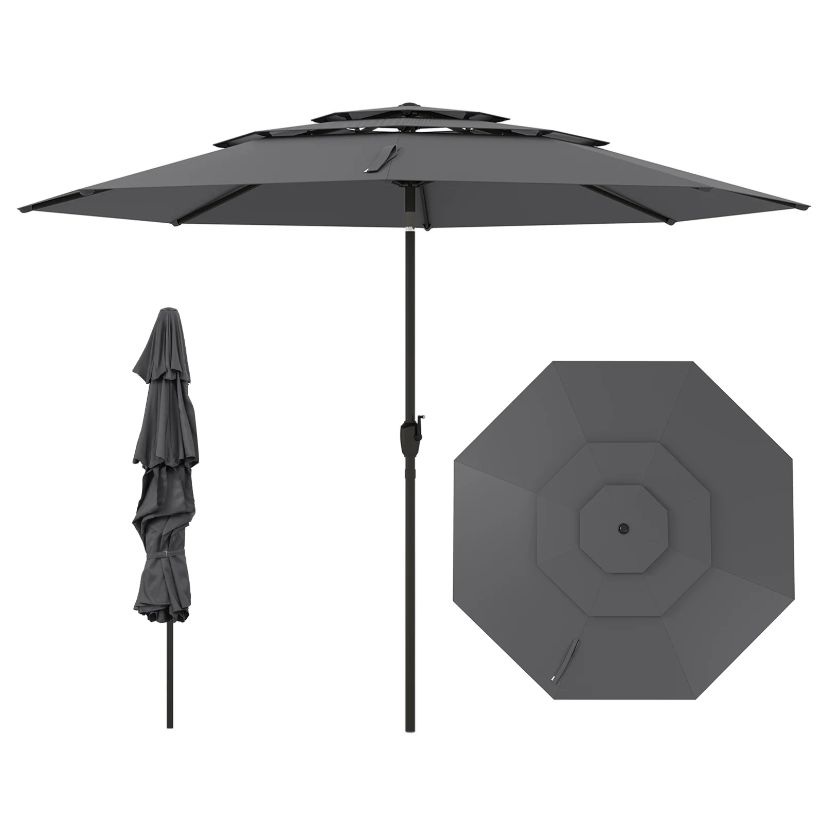 10 ft 3-Tier Vented Patio Umbrella, Push Button Tilt, Gray - Image 4
