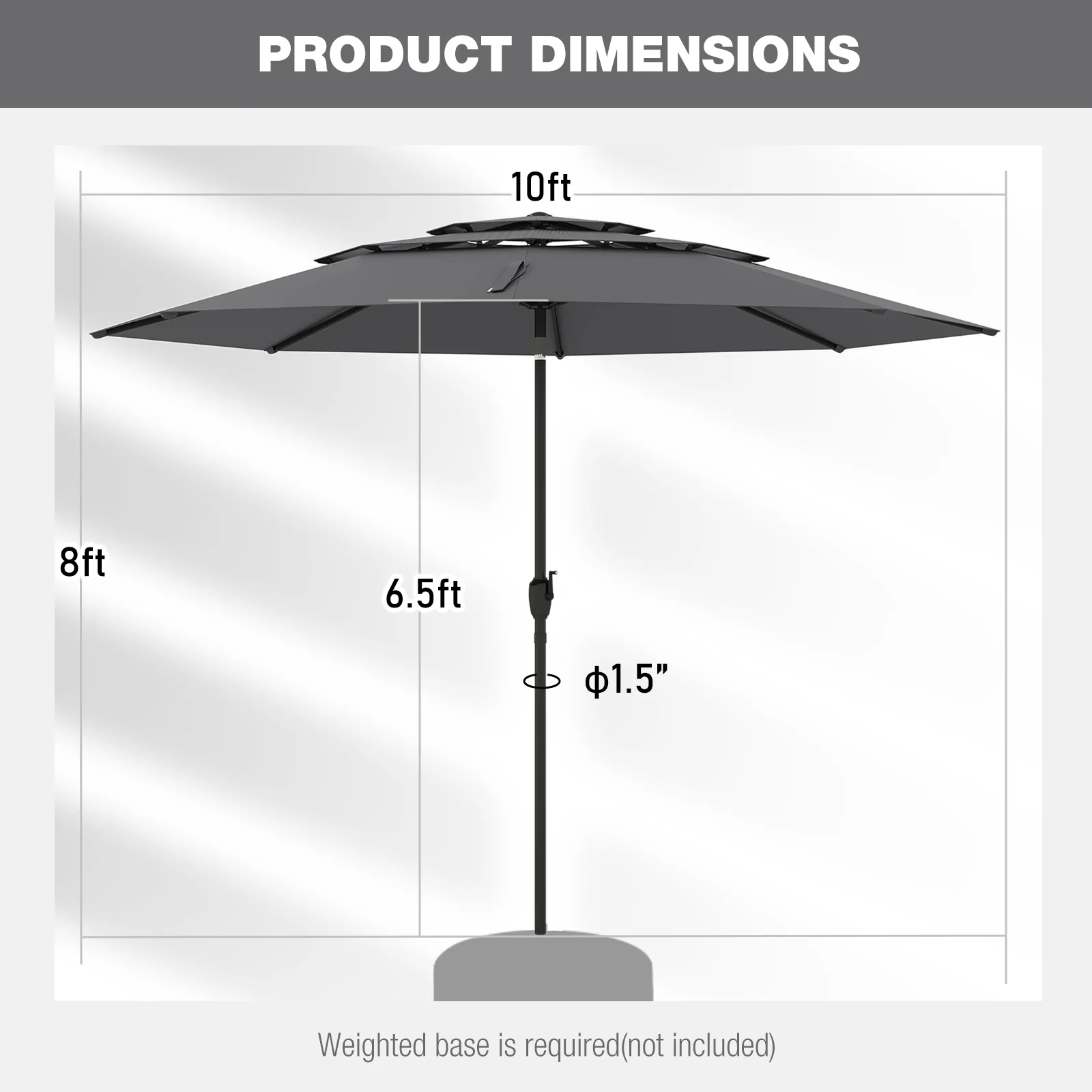 10 ft 3-Tier Vented Patio Umbrella, Push Button Tilt, Gray - Image 6