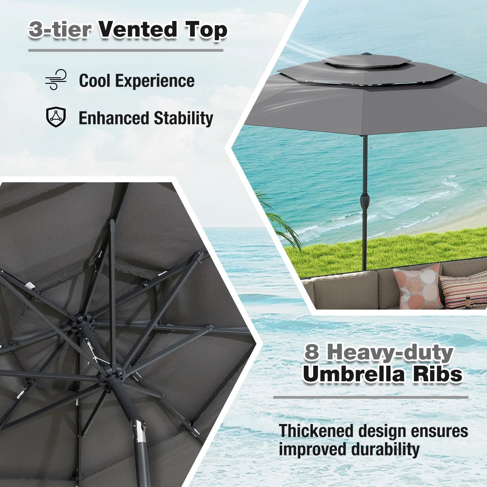 10 ft 3-Tier Vented Patio Umbrella, Push Button Tilt, Gray - Image 8