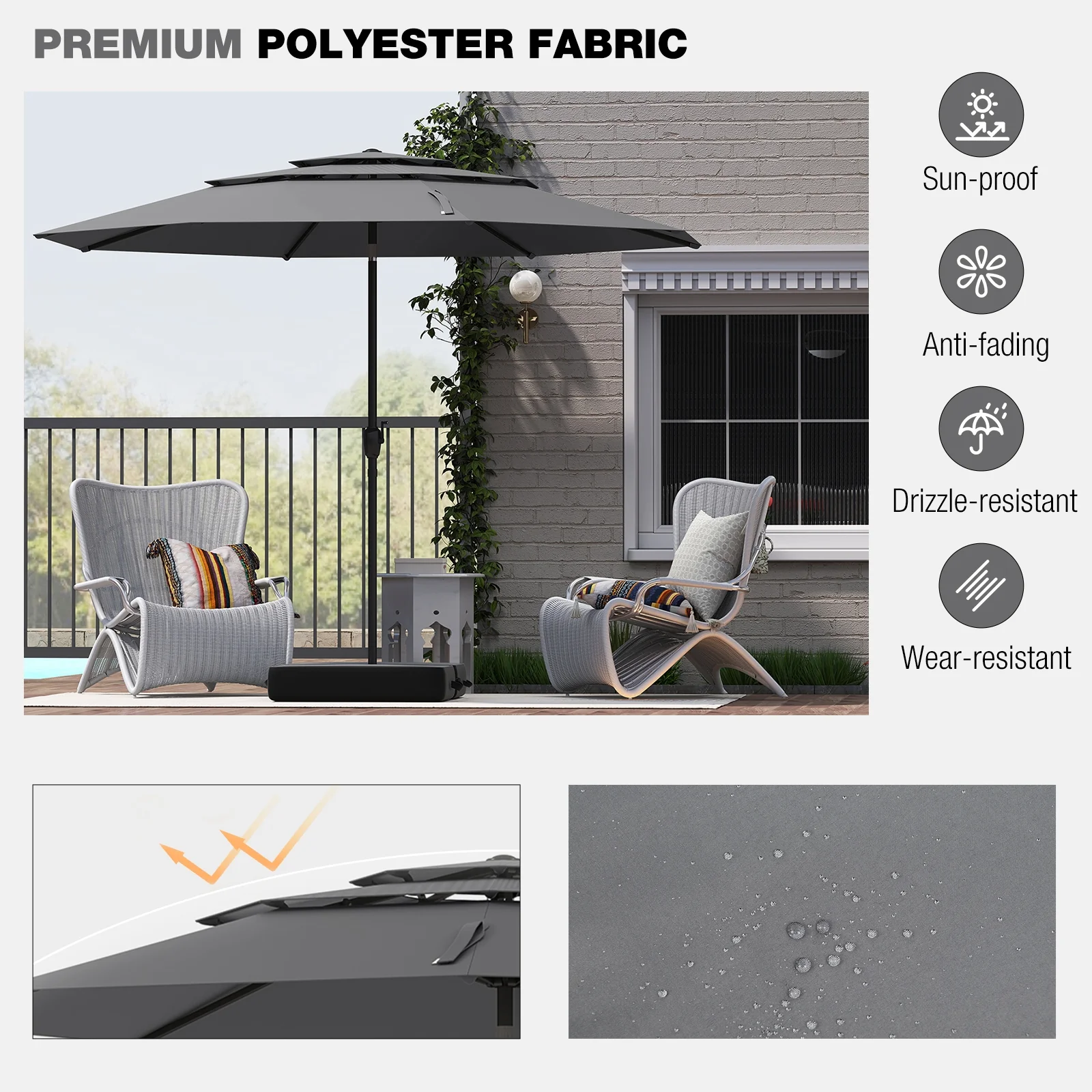 10 ft 3-Tier Vented Patio Umbrella, Push Button Tilt, Gray - Image 9