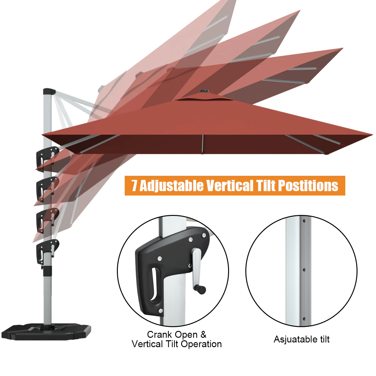10 ft 360 Degree Tilt Aluminum Patio Umbrella, Orange, Brick Red - Image 10