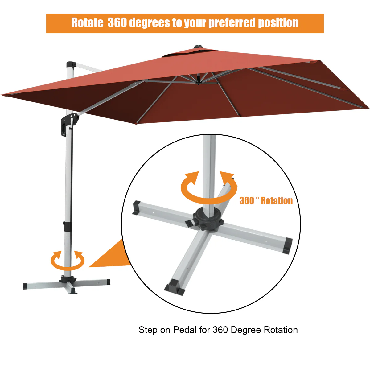 10 ft 360 Degree Tilt Aluminum Patio Umbrella, Orange, Brick Red - Image 8