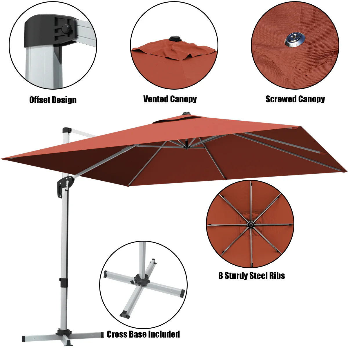10 ft 360 Degree Tilt Aluminum Patio Umbrella, Orange, Brick Red - Image 9