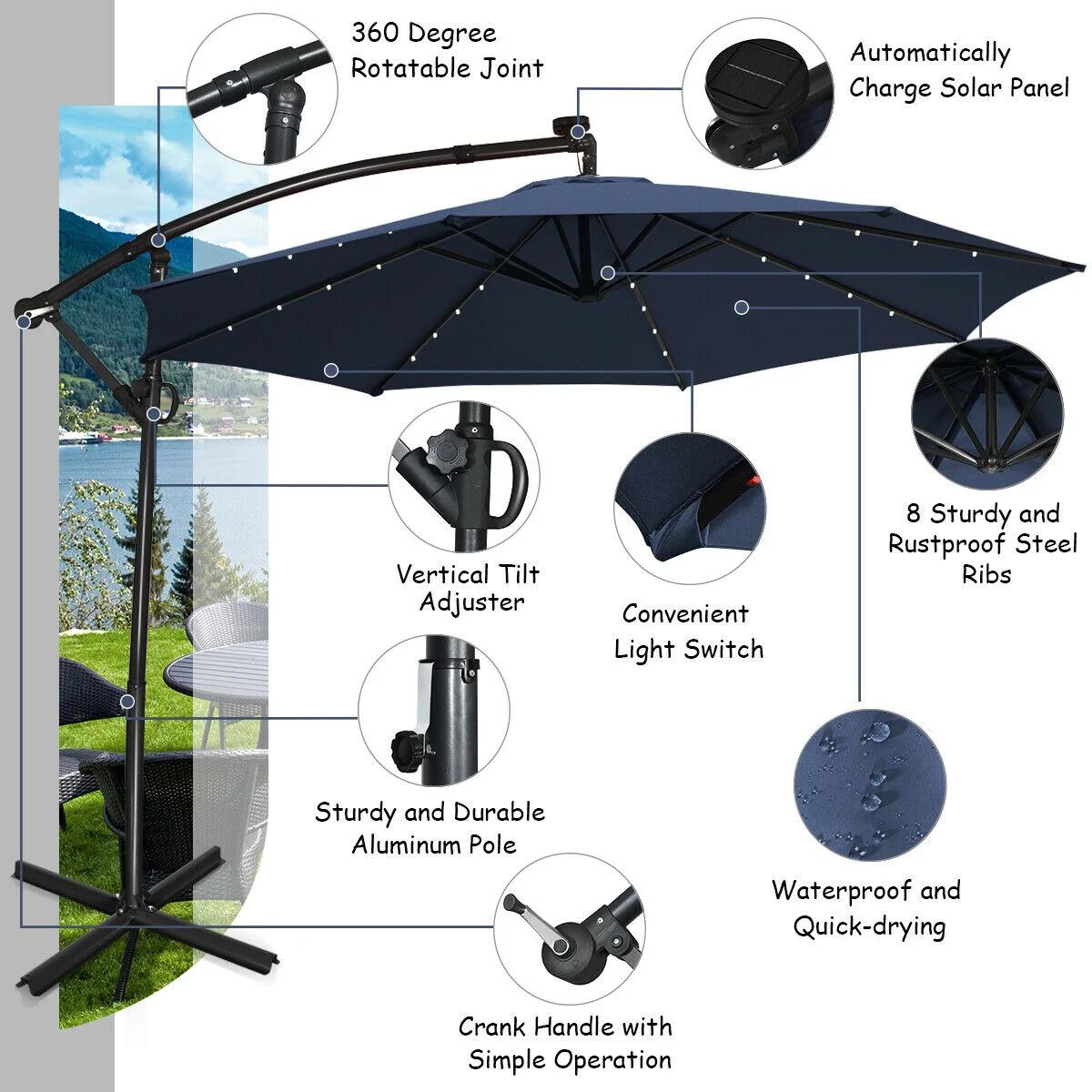 10 FT 360° Rotation Solar LED Patio Umbrella, Navy - Image 10