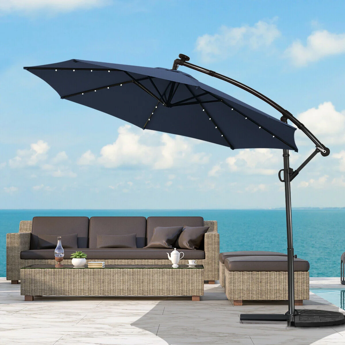 10 FT 360° Rotation Solar LED Patio Umbrella, Navy - Image 2