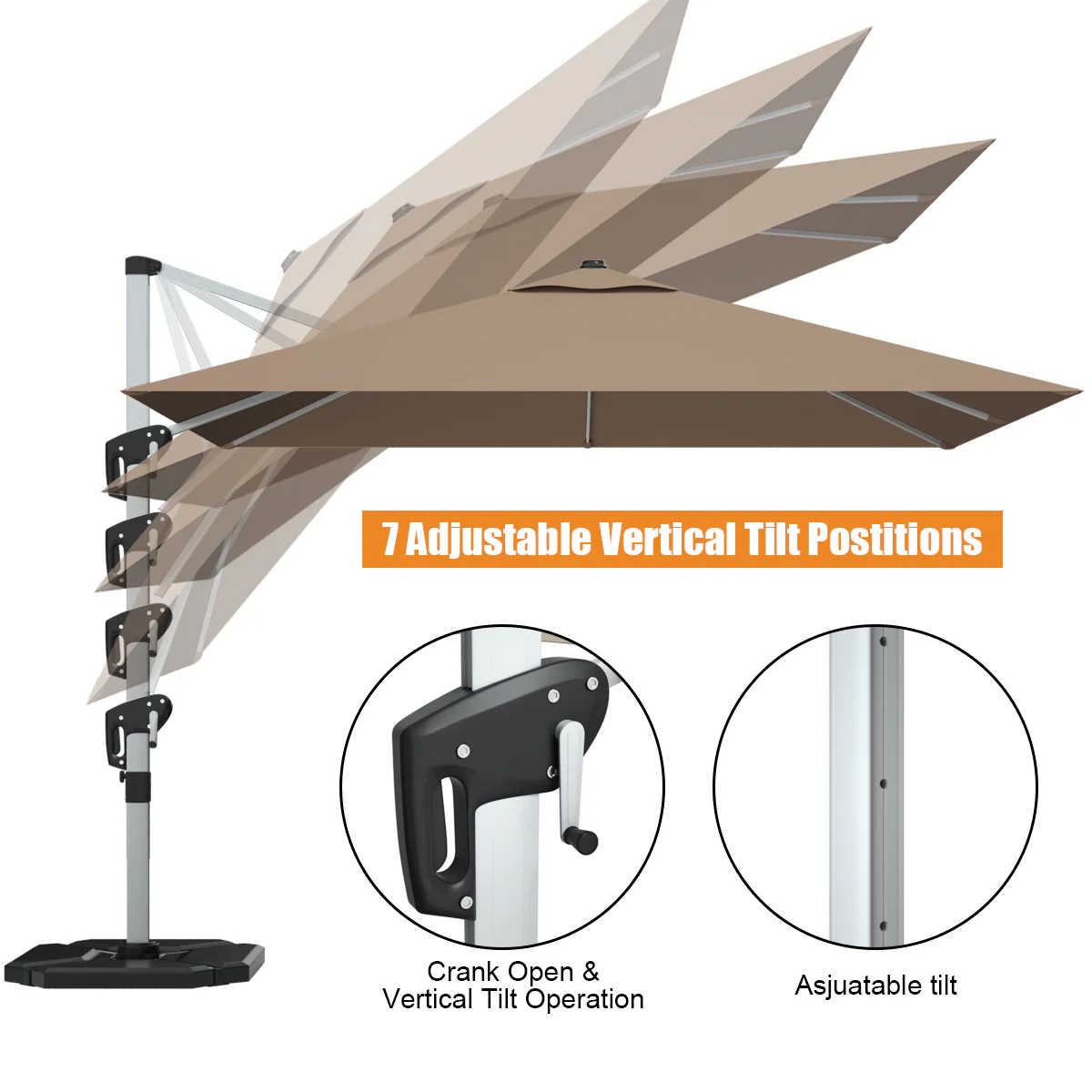 10 ft 360 Degree Tilt Aluminum Square Patio Offset Cantilever Umbrella without Weight Base, Tan - Image 10