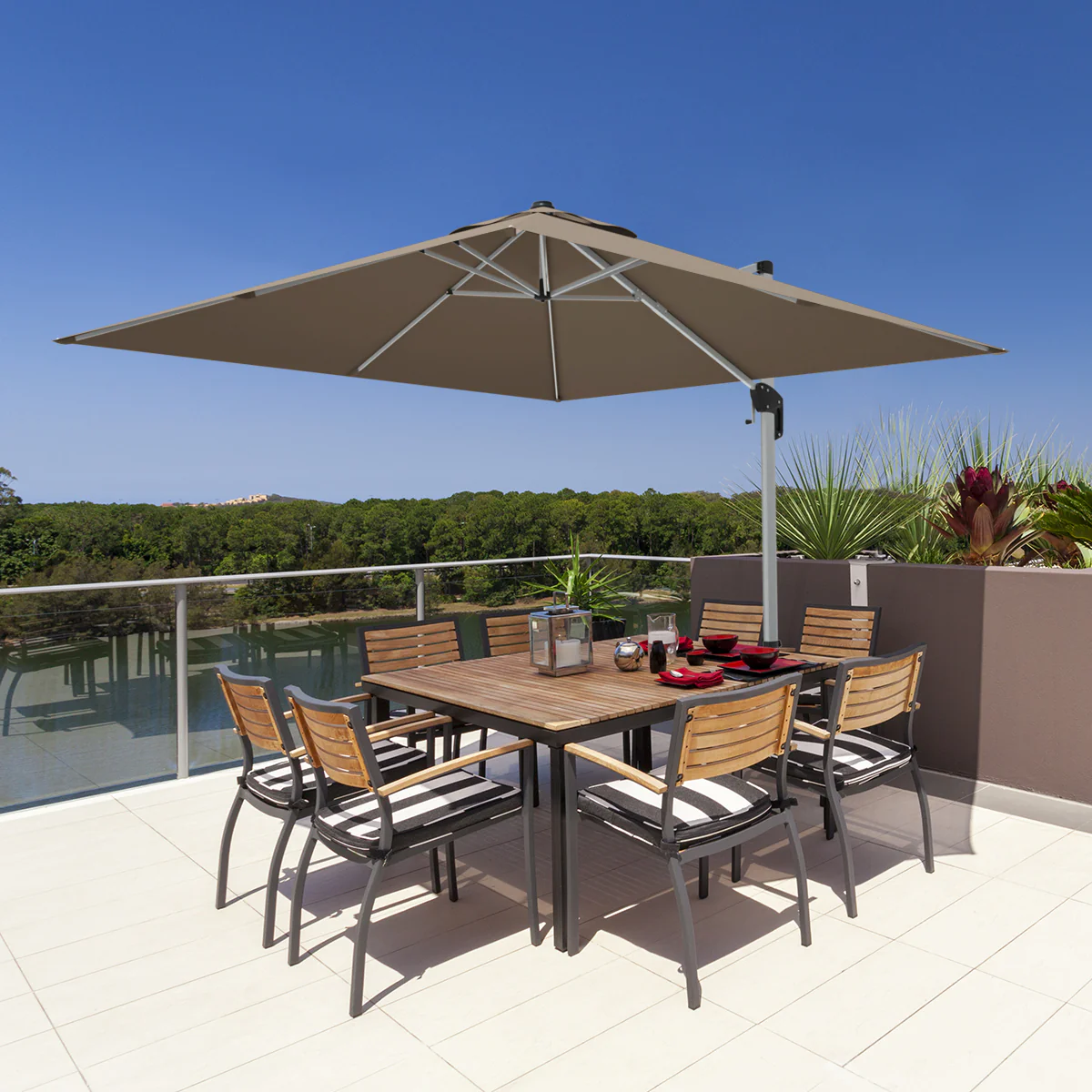 10 ft 360 Degree Tilt Aluminum Square Patio Offset Cantilever Umbrella without Weight Base, Tan - Image 3