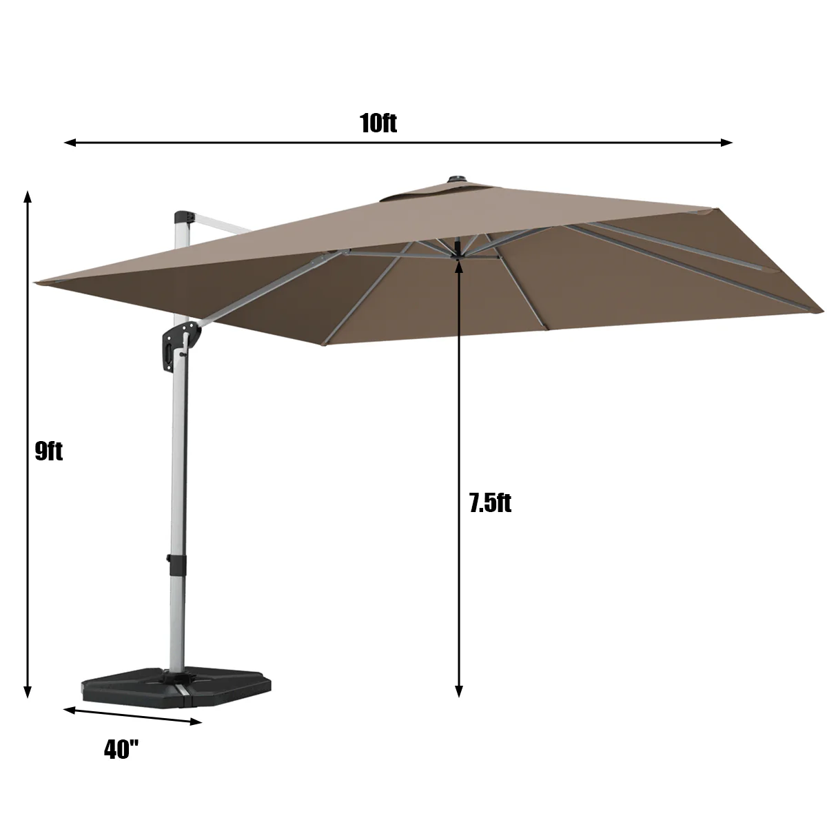 10 ft 360 Degree Tilt Aluminum Square Patio Offset Cantilever Umbrella without Weight Base, Tan - Image 6