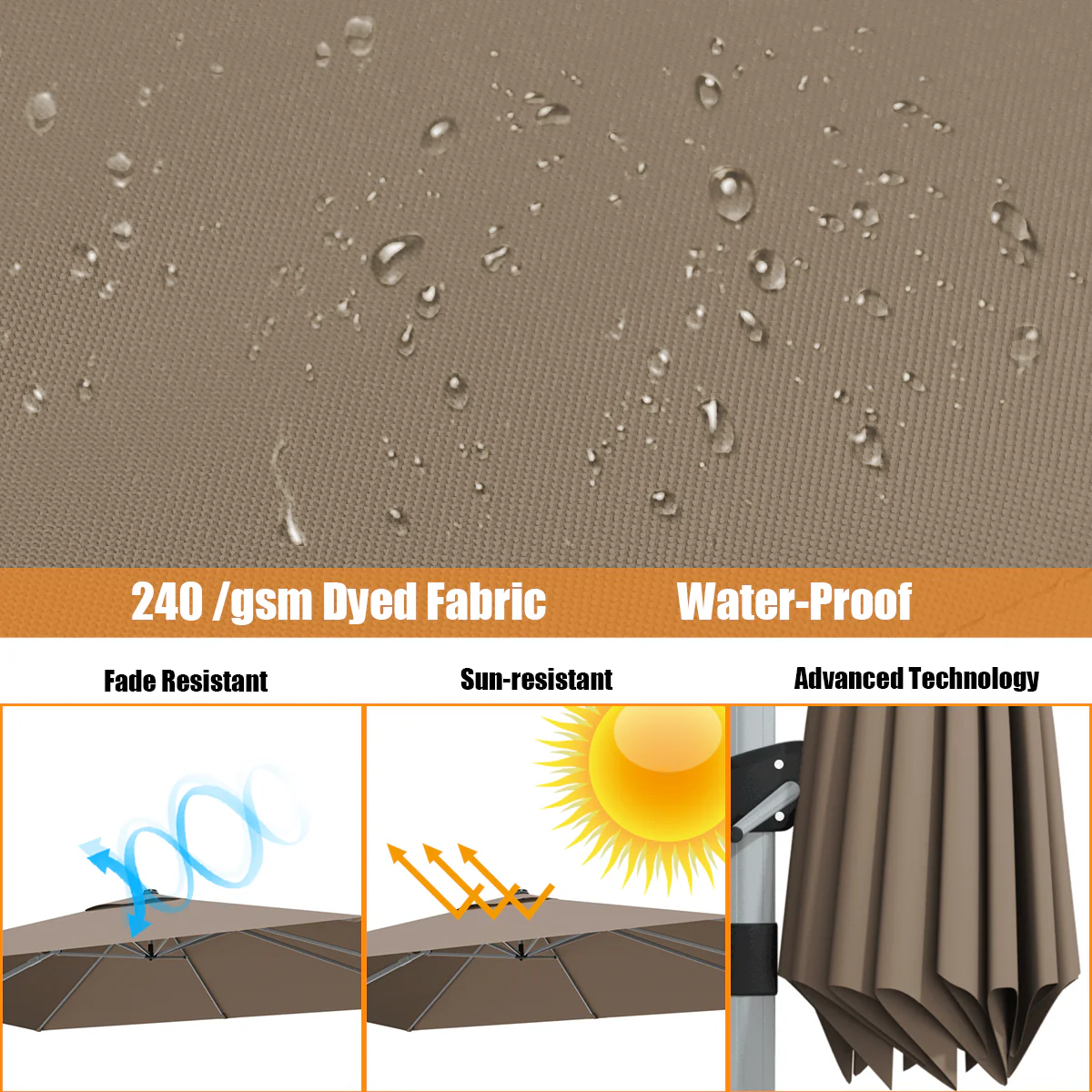 10 ft 360 Degree Tilt Aluminum Square Patio Offset Cantilever Umbrella without Weight Base, Tan - Image 7